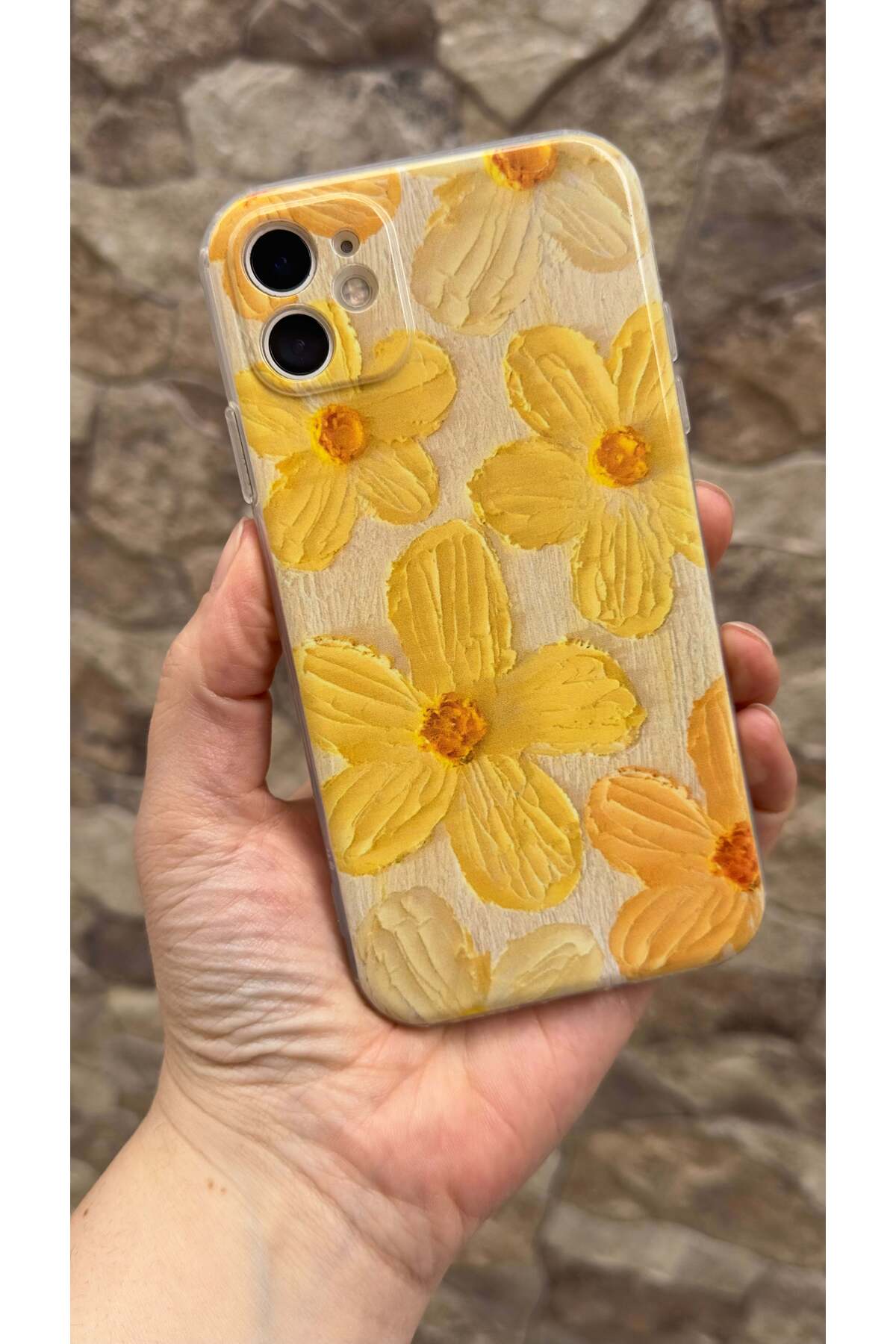 iPhone 11 Uyumlu Sarı Çiçek Desenli Şeffaf Darbe Emici Kamera Korumalı Clear Kılıf