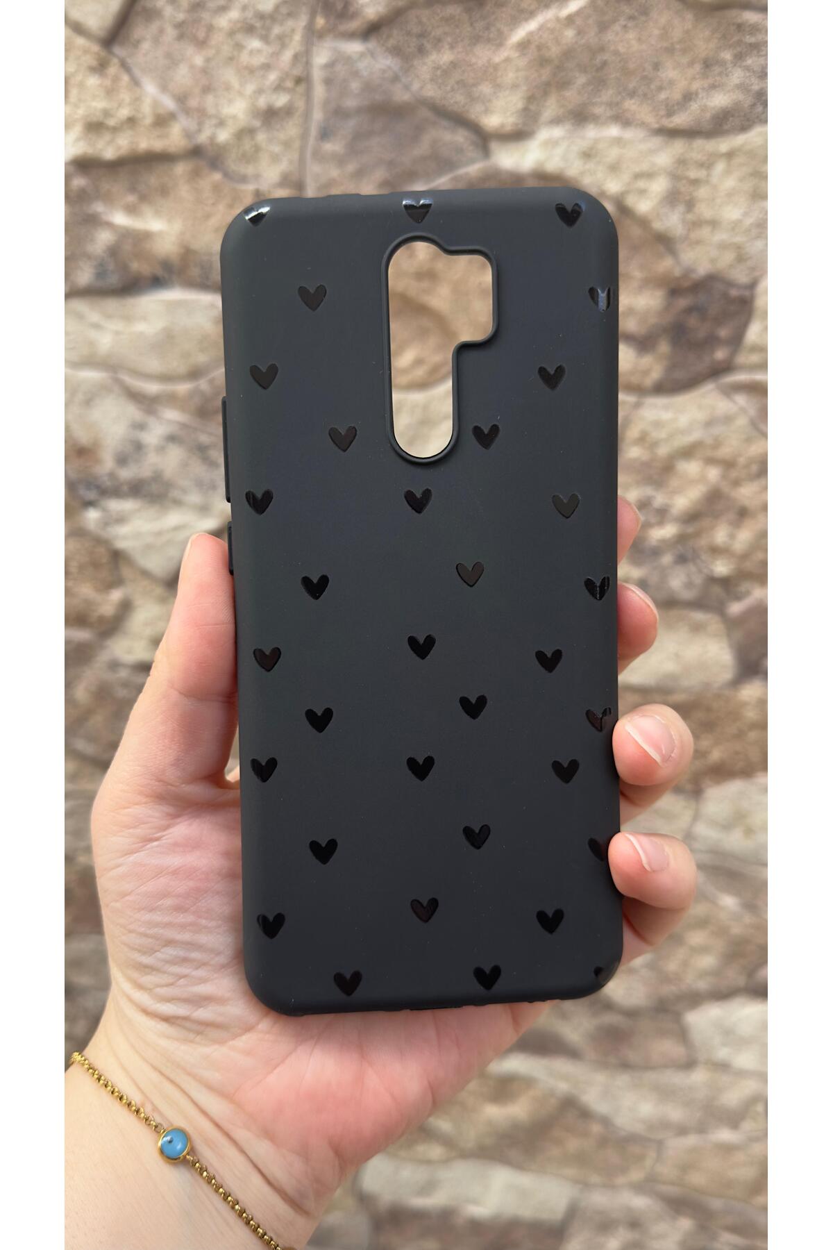 Redmi Note 8 Pro Uyumlu Mini Siyah Kalp Desenli Silikon Darbe Emici Klasik Korumalı Rubber Kılıf