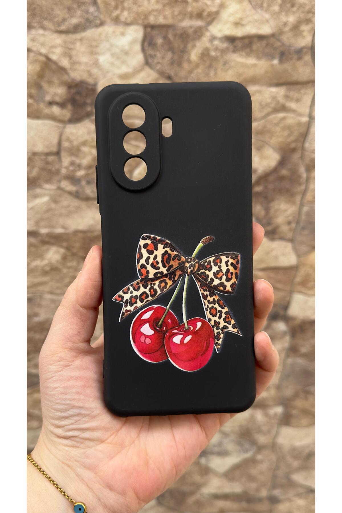 Huawei Nova Y70 Uyumlu Kiraz Leopar Fiyonk Desenli Silikon Darbe Emici Klasik Korumalı Rubber Kılıf