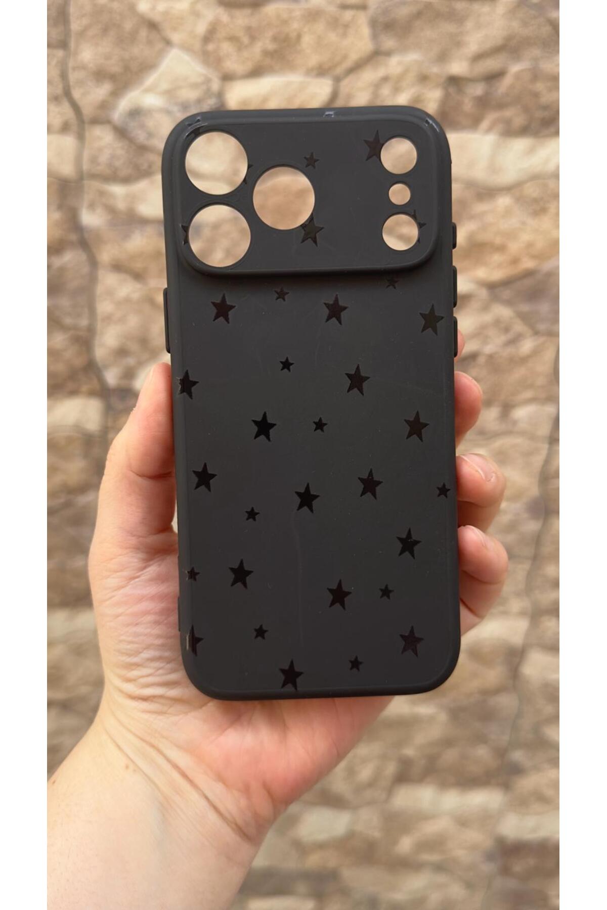iPhone 17 Pro Uyumlu Mini Siyah Yıldız Desenli Silikon Darbe Emici Klasik Korumalı Rubber Kılıf