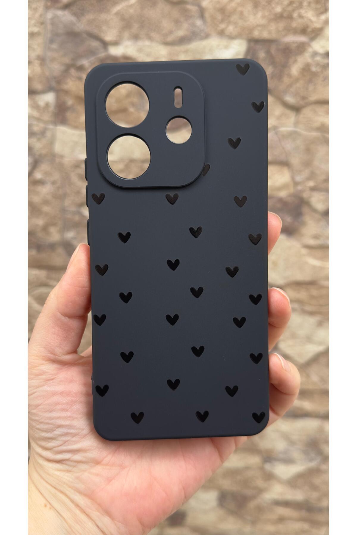 Redmi Note 14 Uyumlu Mini Siyah Kalp Desenli Silikon Darbe Emici Klasik Korumalı Rubber Kılıf