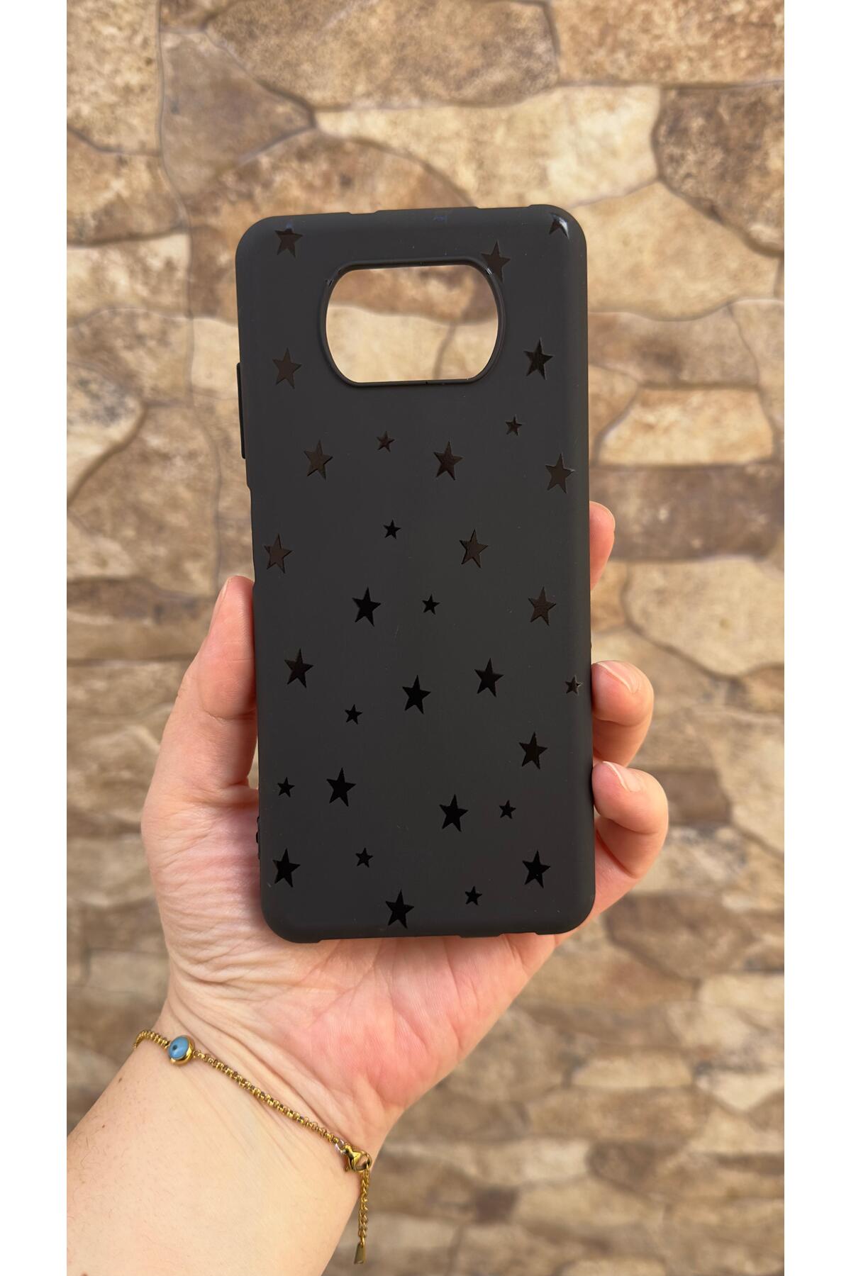 Poco X3 ve X3 Pro Uyumlu Mini Siyah Yıldız Desenli Silikon Darbe Emici Klasik Korumalı Rubber Kılıf