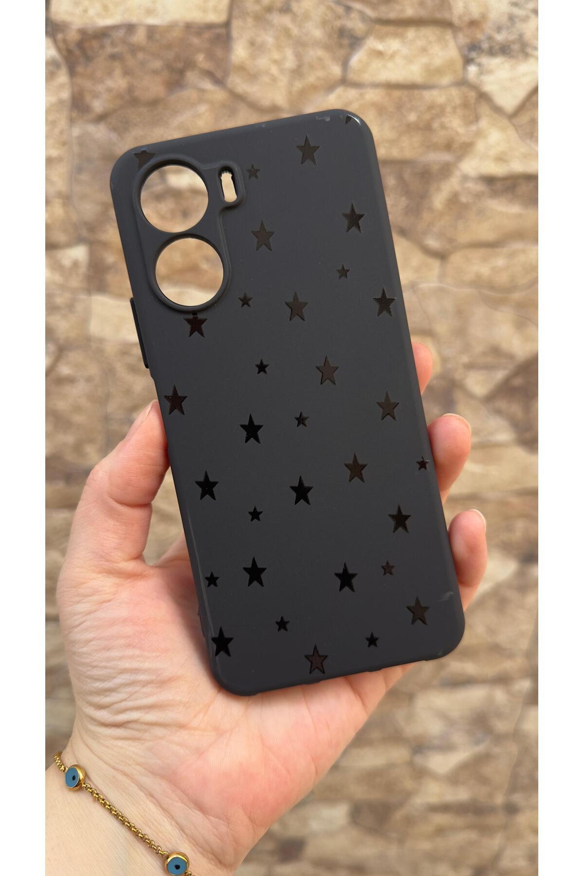 VİVO Y18 Uyumlu Mini Siyah Yıldız Desenli Silikon Darbe Emici Klasik Korumalı Rubber Kılıf