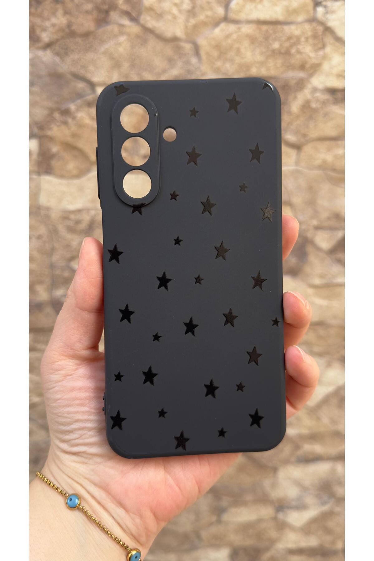 Samsung Galaxy A17 Uyumlu Mini Siyah Yıldız Desenli Silikon Darbe Emici Klasik Korumalı Rubber Kılıf