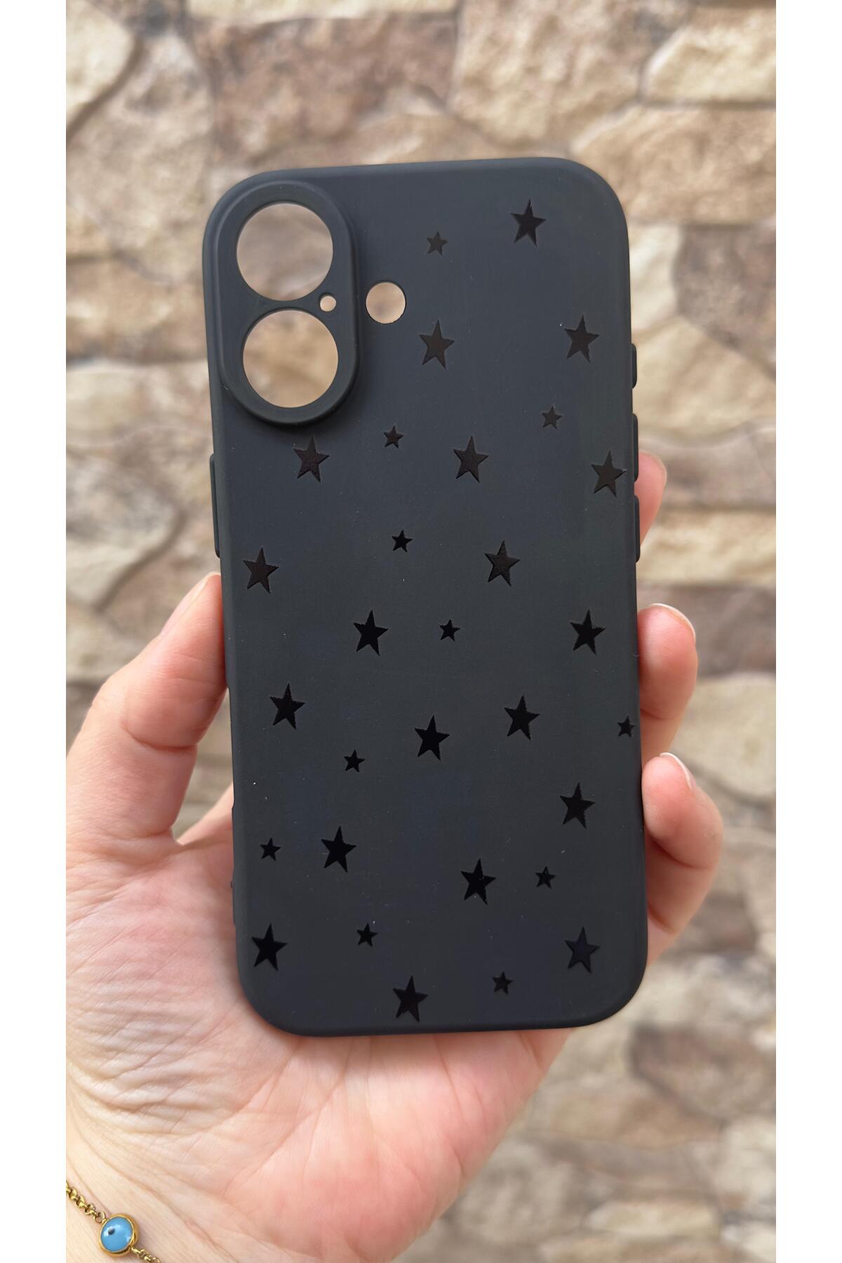 iPhone 17 Uyumlu Mini Siyah Yıldız Desenli Silikon Darbe Emici Klasik Korumalı Rubber Kılıf