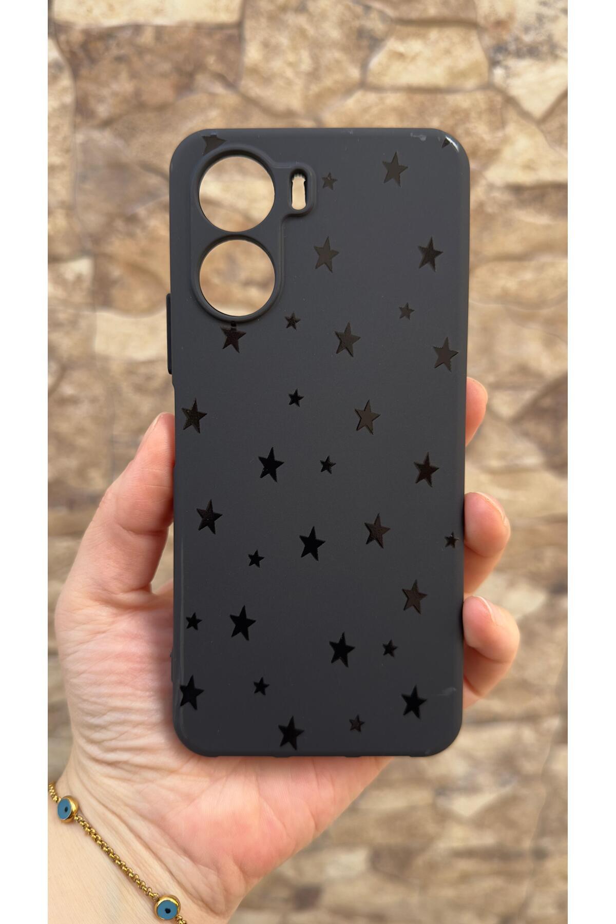 Vivo Y16 Uyumlu Mini Siyah Yıldız Desenli Silikon Darbe Emici Klasik Korumalı Rubber Kılıf