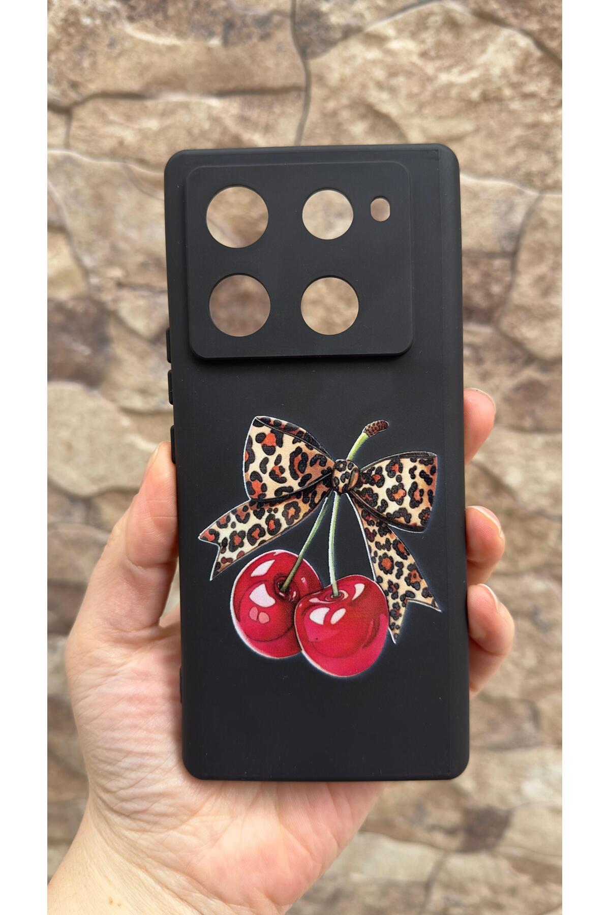 İnfınıx Note 40 Pro Plus 5G Uyumlu Kiraz Fiyonk Leopar Desenli Silikon Darbe Emici Klasik Korumalı Kılıf