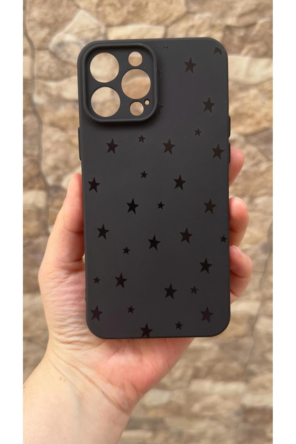 iPhone 14 Pro Max Uyumlu Mini Siyah Yıldız Desenli Silikon Darbe Emici Klasik Korumalı Rubber Kılıf
