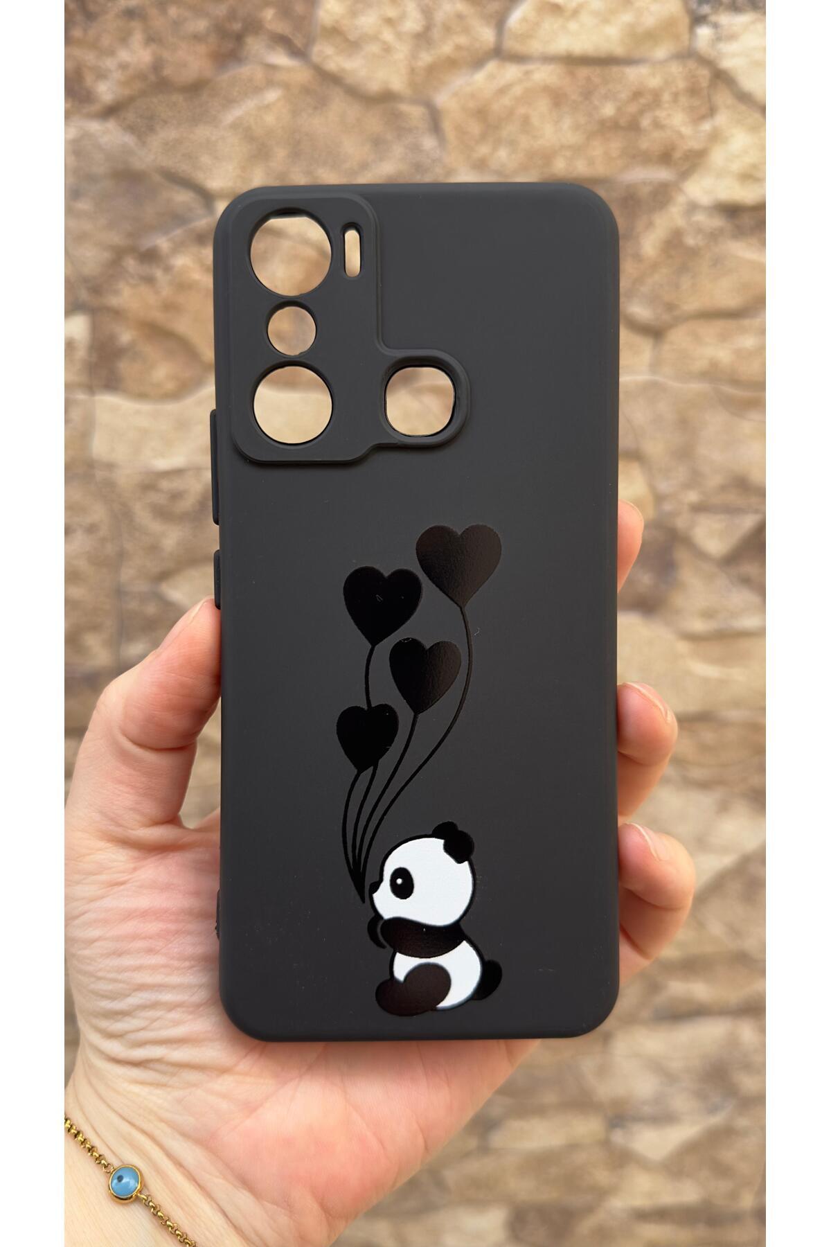 İNFİNİX HOT 20İ Uyumlu Kalpli Panda Desenli Silikon Darbe Emici Klasik Korumalı Rubber Kılıf