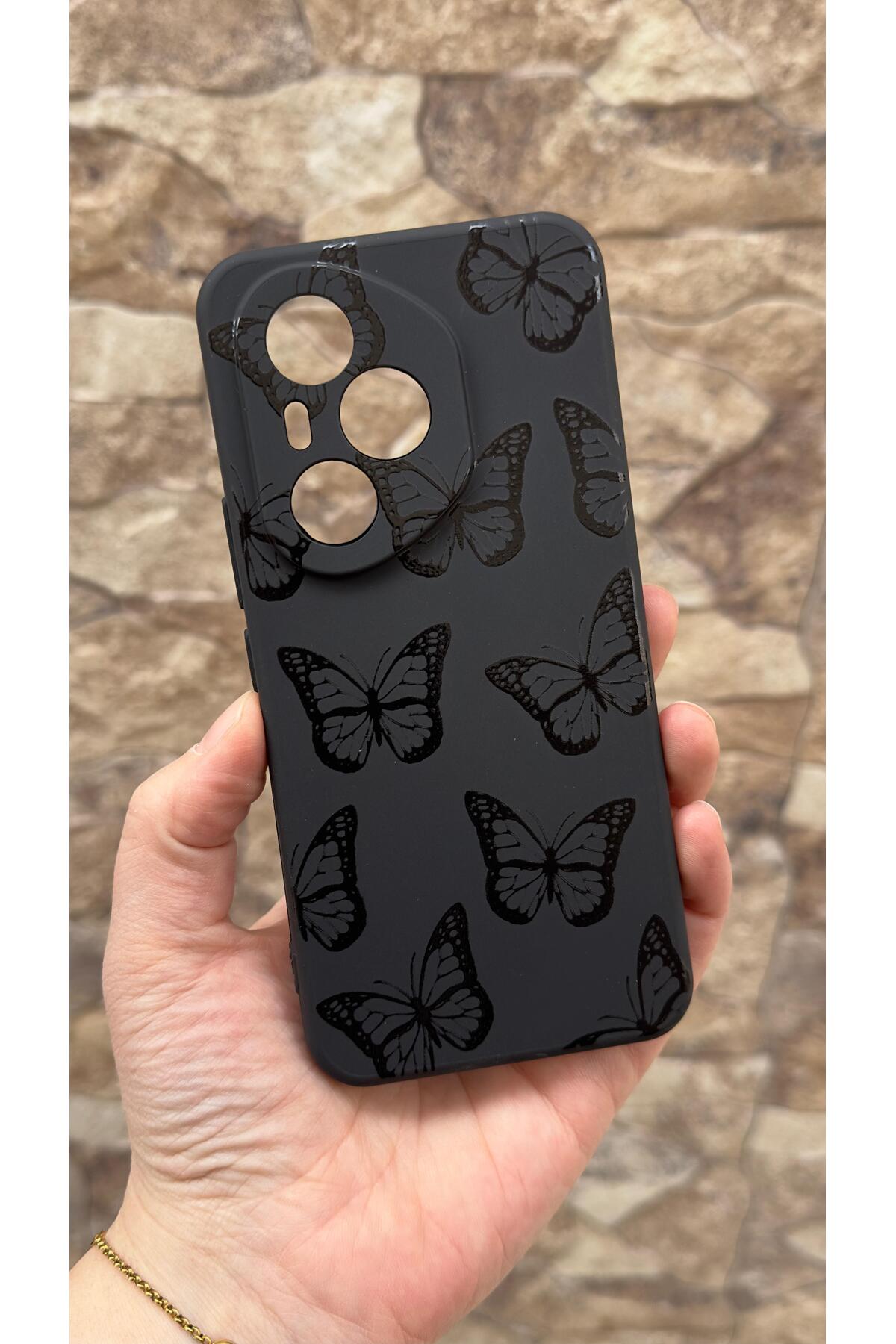 Honor 400 Pro Uyumlu Siyah Kelebek Desenli Silikon Darbe Emici Klasik Korumalı Rubber Kılıf