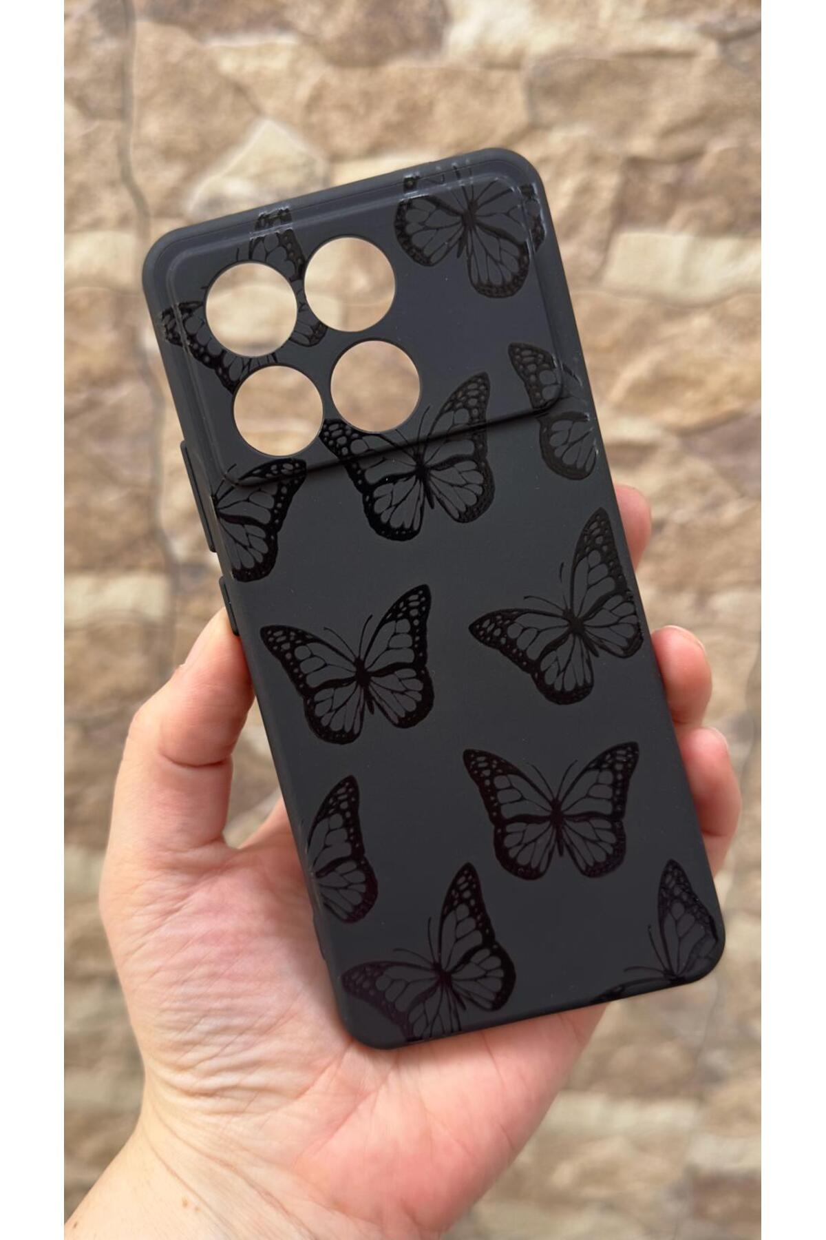 Poco X6 Pro 5G Uyumlu Siyah Kelebek Desenli Silikon Darbe Emici Klasik Korumalı Rubber Kılıf