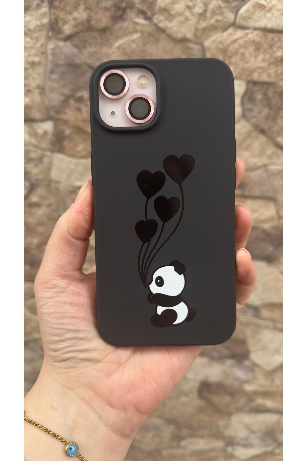iPhone 13/14 Uyumlu Kalpli Panda Desenli Silikon Darbe Emici Klasik Korumalı Rubber Kılıf
