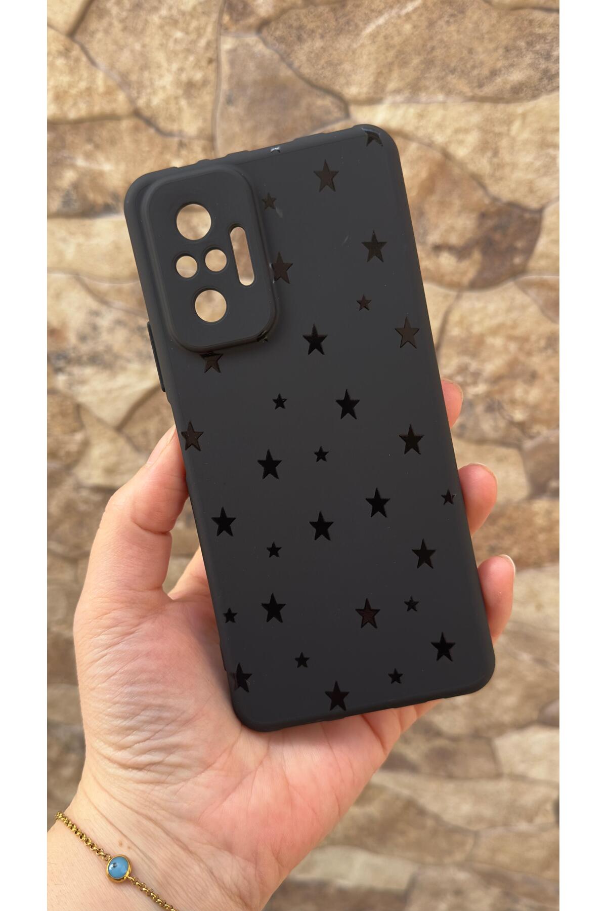 Redmi Note 10 Pro Uyumlu Mini Siyah Yıldız Desenli Silikon Darbe Emici Klasik Korumalı Rubber Kılıf