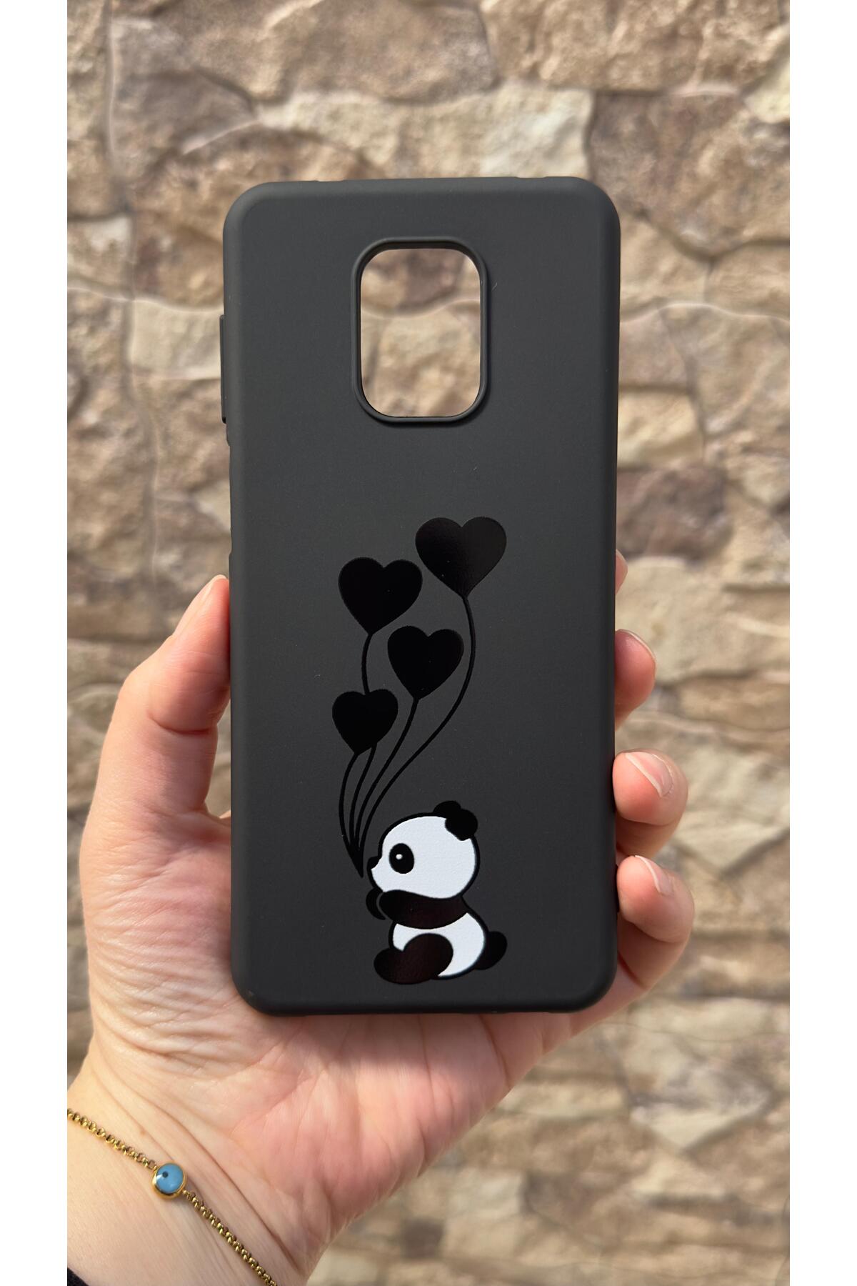 Redmi Note 9 Pro ve 9S Uyumlu Kalpli Panda Desenli Silikon Darbe Emici Klasik Korumalı Rubber Kılıf