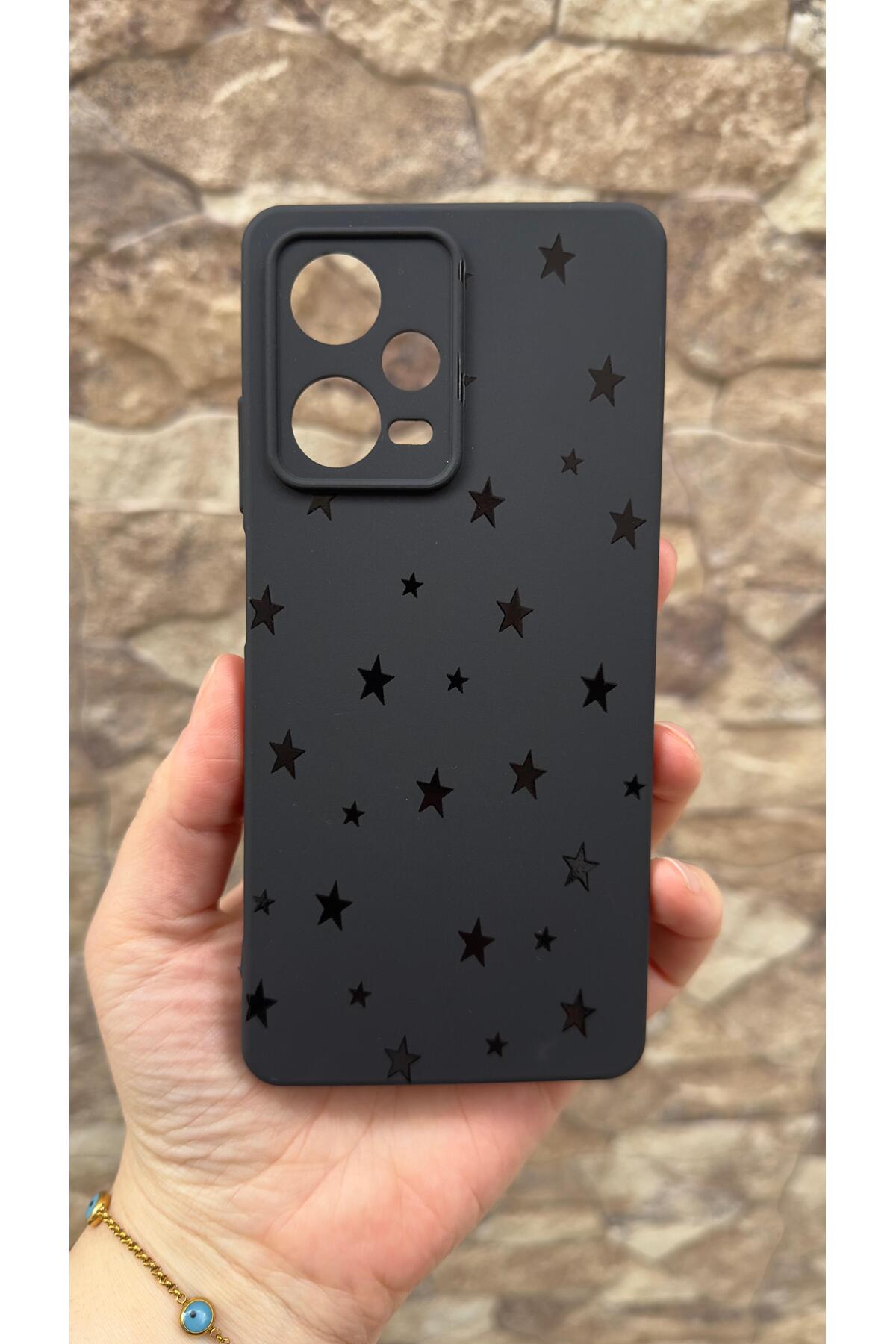 Redmi Note 12 Pro 5G Uyumlu Mini Siyah Yıldız Desenli Silikon Darbe Emici Klasik Korumalı Kılıf