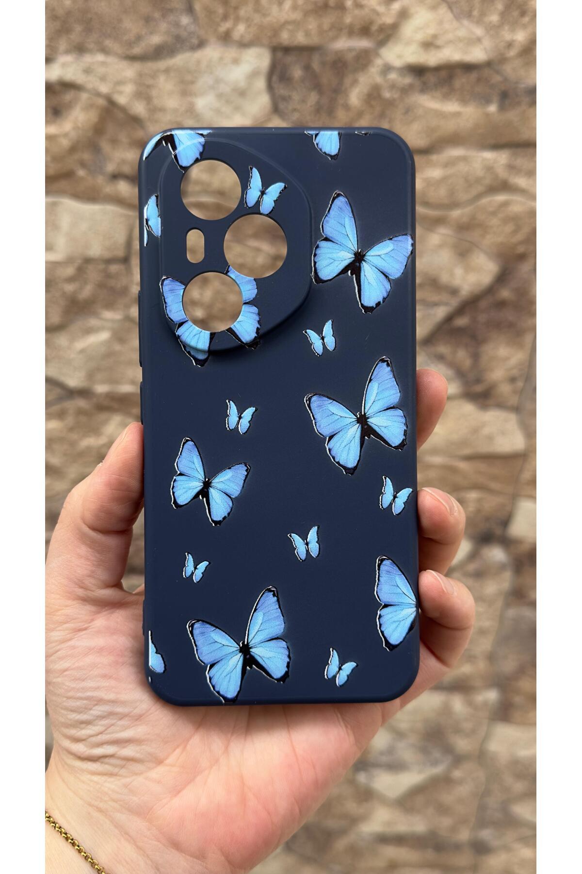 Honor 400 Pro Uyumlu Mavi Kelebek Desenli Silikon Darbe Emici Klasik Korumalı Rubber Kılıf
