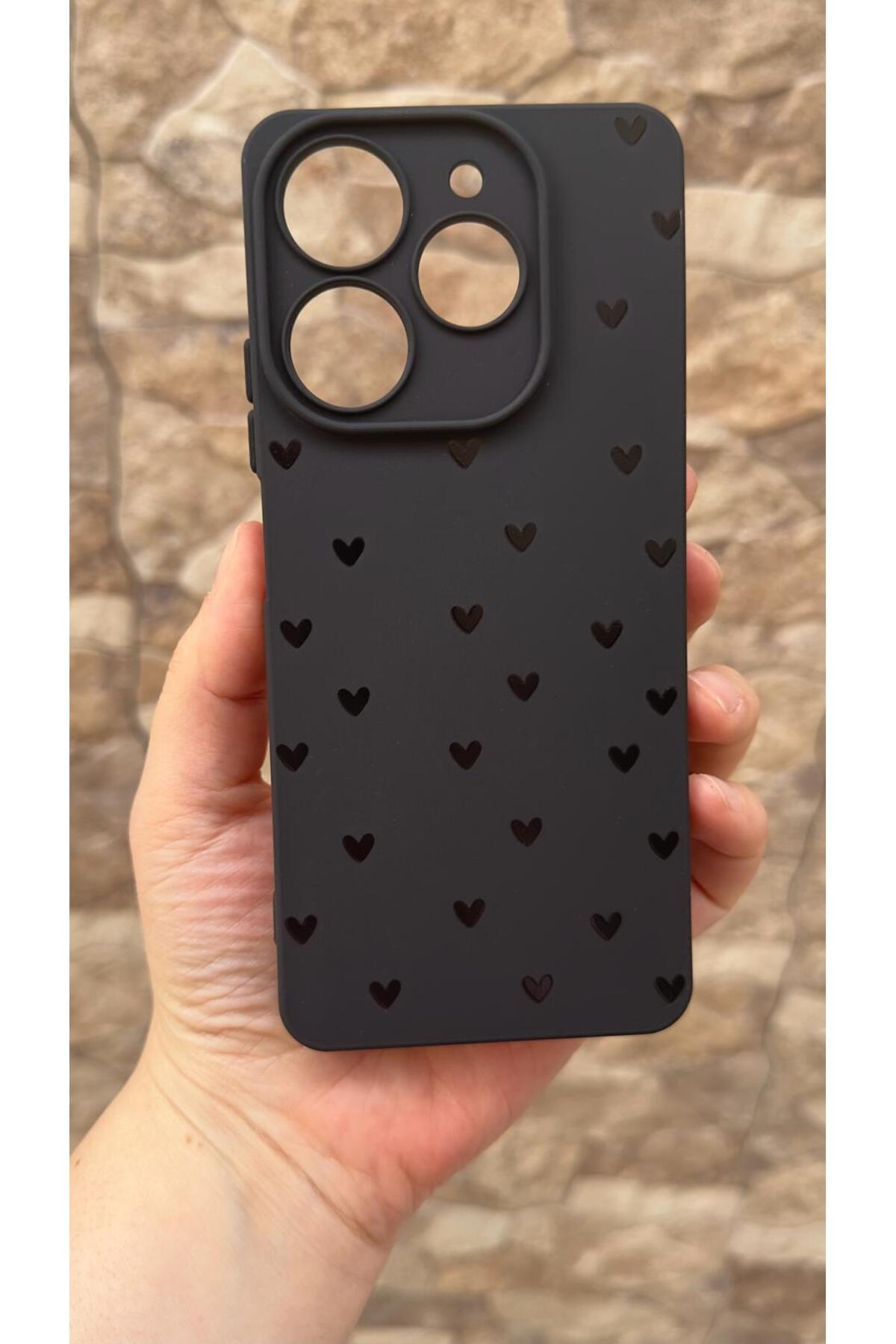 Tecno Spark 10 PRO Uyumlu Mini Siyah Kalp Desenli Silikon Darbe Emici Rubber Kılıf