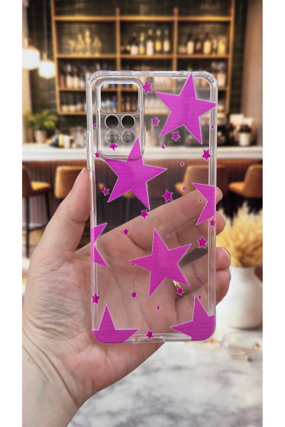 Redmi Note 11 Pro ve Note 12 Pro 4G Uyumlu Pembe Yıldız Desenli Şeffaf Darbe Emici Kamera Korumalı Clear Kılıf