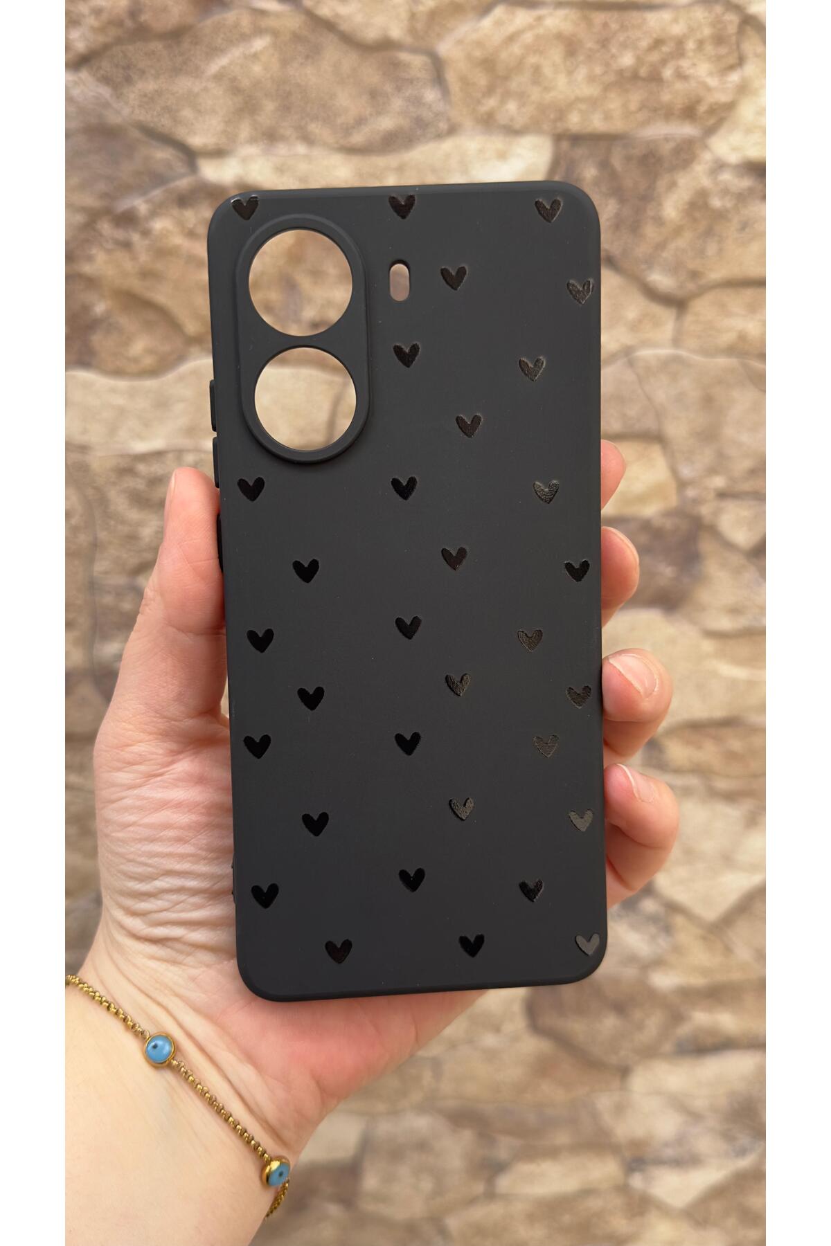 POCO X7 PRO Uyumlu Mini Siyah Kalp Desenli Silikon Darbe Emici Klasik Korumalı Rubber Kılıf