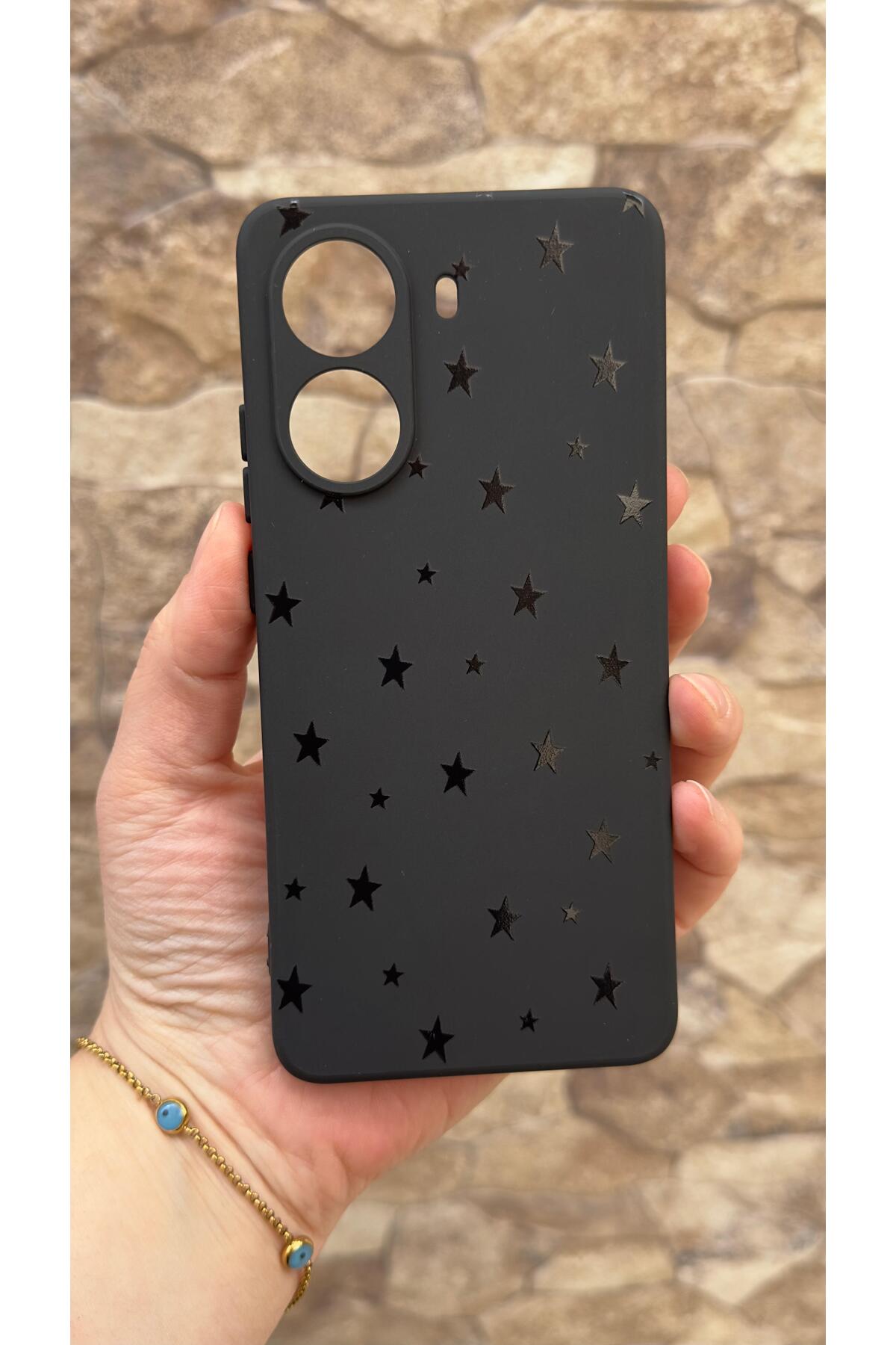 POCO X7 PRO Uyumlu Mini Siyah Yıldız Desenli Silikon Darbe Emici Klasik Korumalı Rubber Kılıf