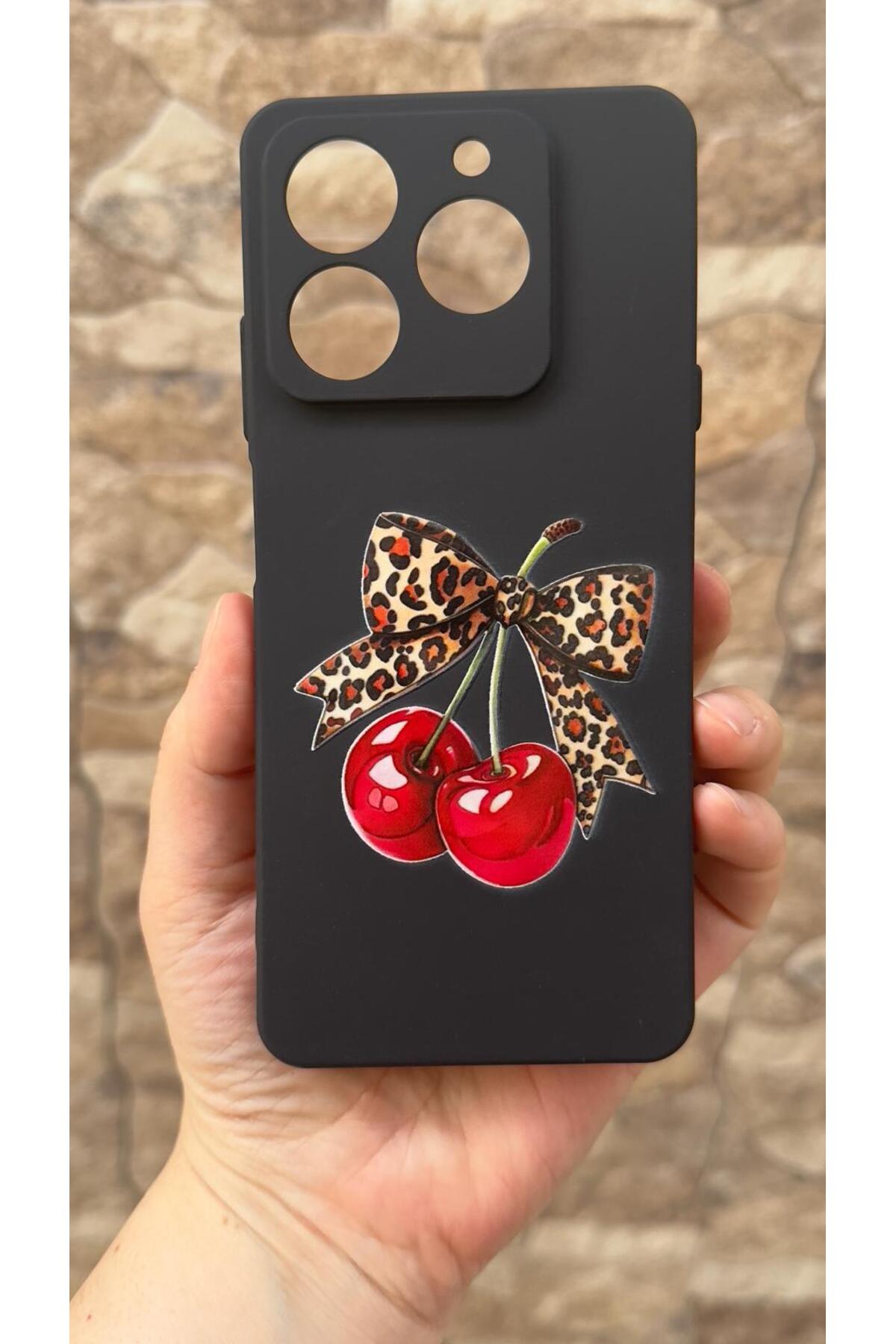 General Mobile Era 50 Uyumlu Kiraz Fiyonk Leopar Desenli Silikon Darbe Emici Klasik Korumalı Rubber Kılıf