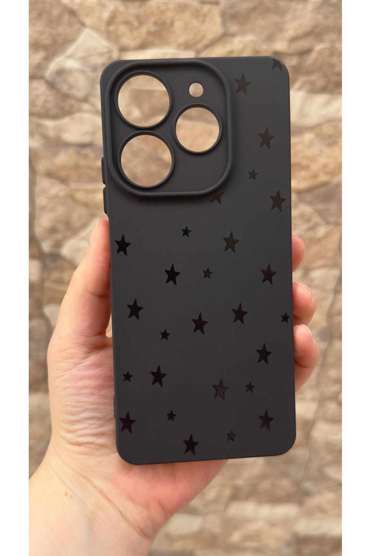 Tecno Spark 10 PRO Uyumlu Mini Siyah Yıldız Desenli Silikon Darbe Emici Rubber Kılıf
