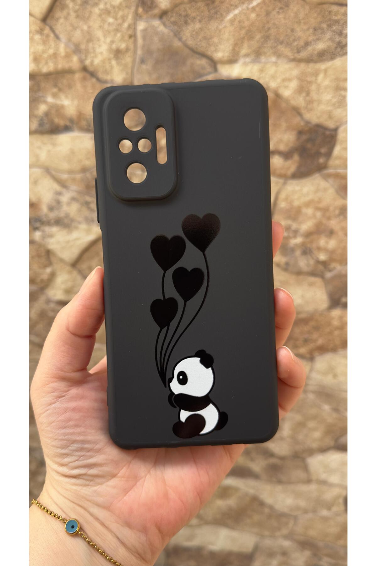 Redmi Note 10 Pro Uyumlu Kalpli Panda Desenli Silikon Darbe Emici Klasik Korumalı Rubber Kılıf