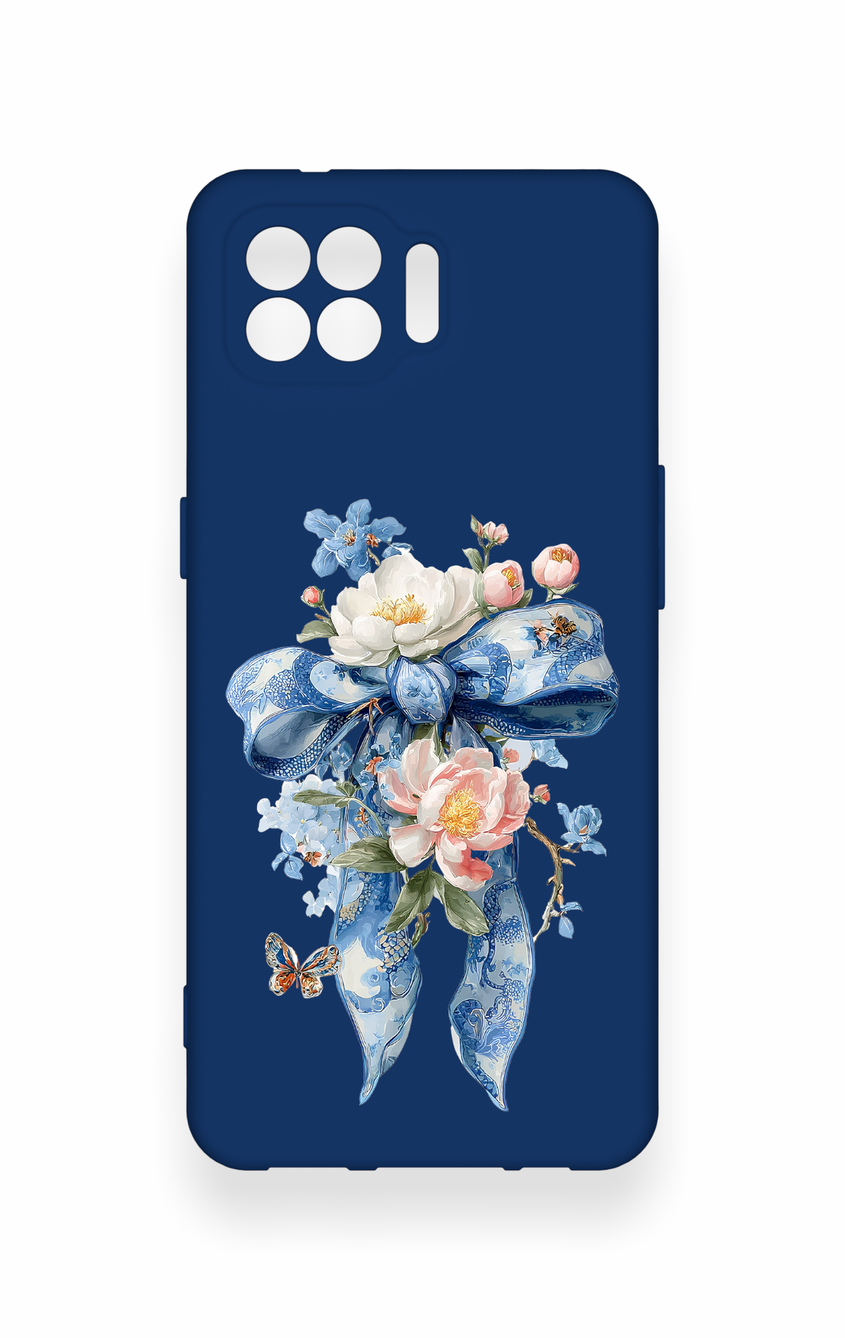 Oppo Reno 4 Lite Uyumlu Mavi Kurdeleli Çiçek Desenli Silikon Kılıf
