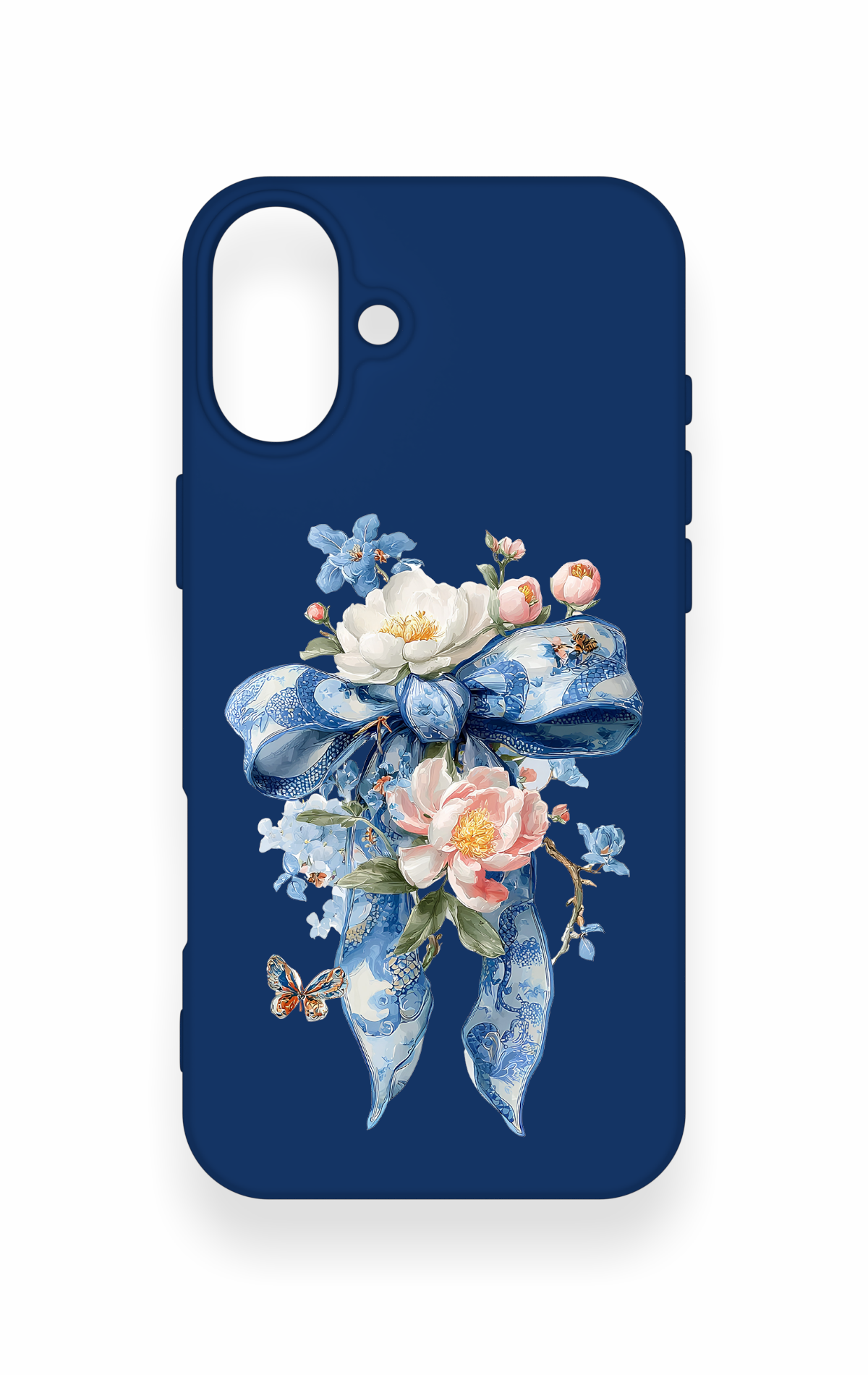 iPhone 16 Plus Uyumlu Mavi Kurdeleli Çiçek Desenli Silikon Kılıf