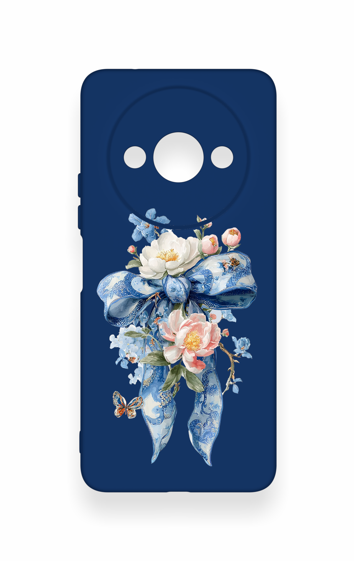 Redmi A3 Uyumlu Mavi Kurdeleli Çiçek Desenli Silikon Kılıf