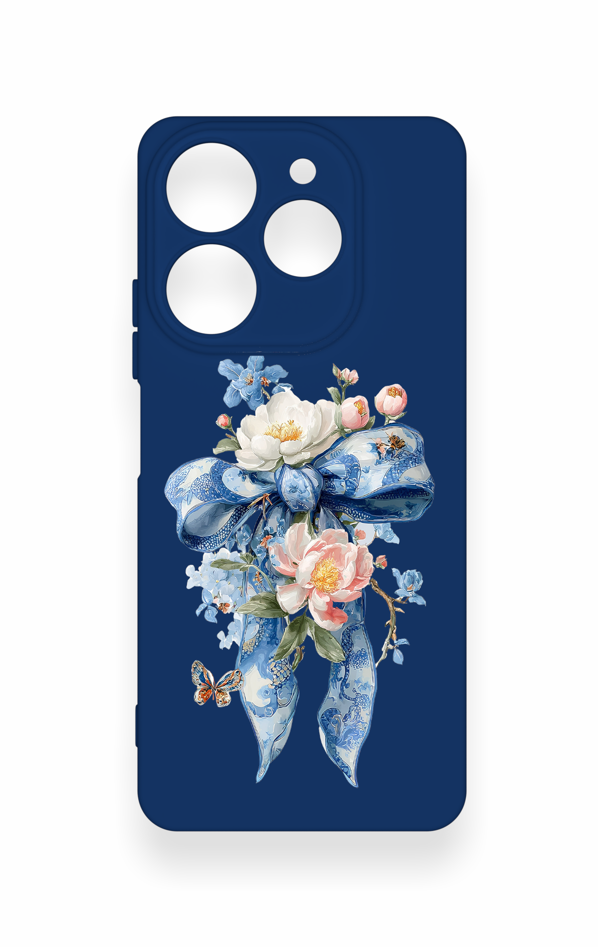Tecno Spark 10 Pro Uyumlu Mavi Kurdeleli Çiçek Desenli Silikon Kılıf