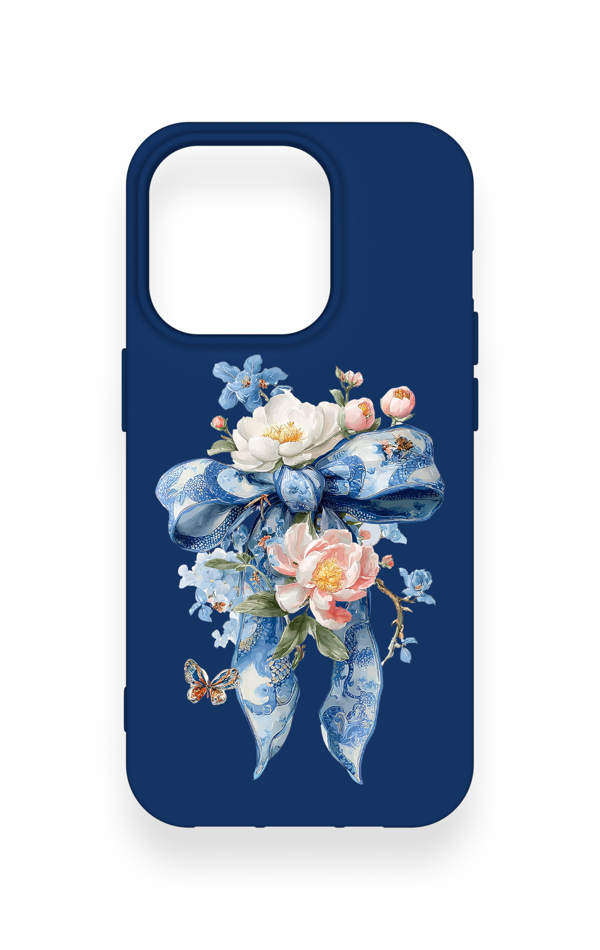 iPhone 14 Pro Uyumlu Mavi Kurdeleli Çiçek Desenli Silikon Kılıf