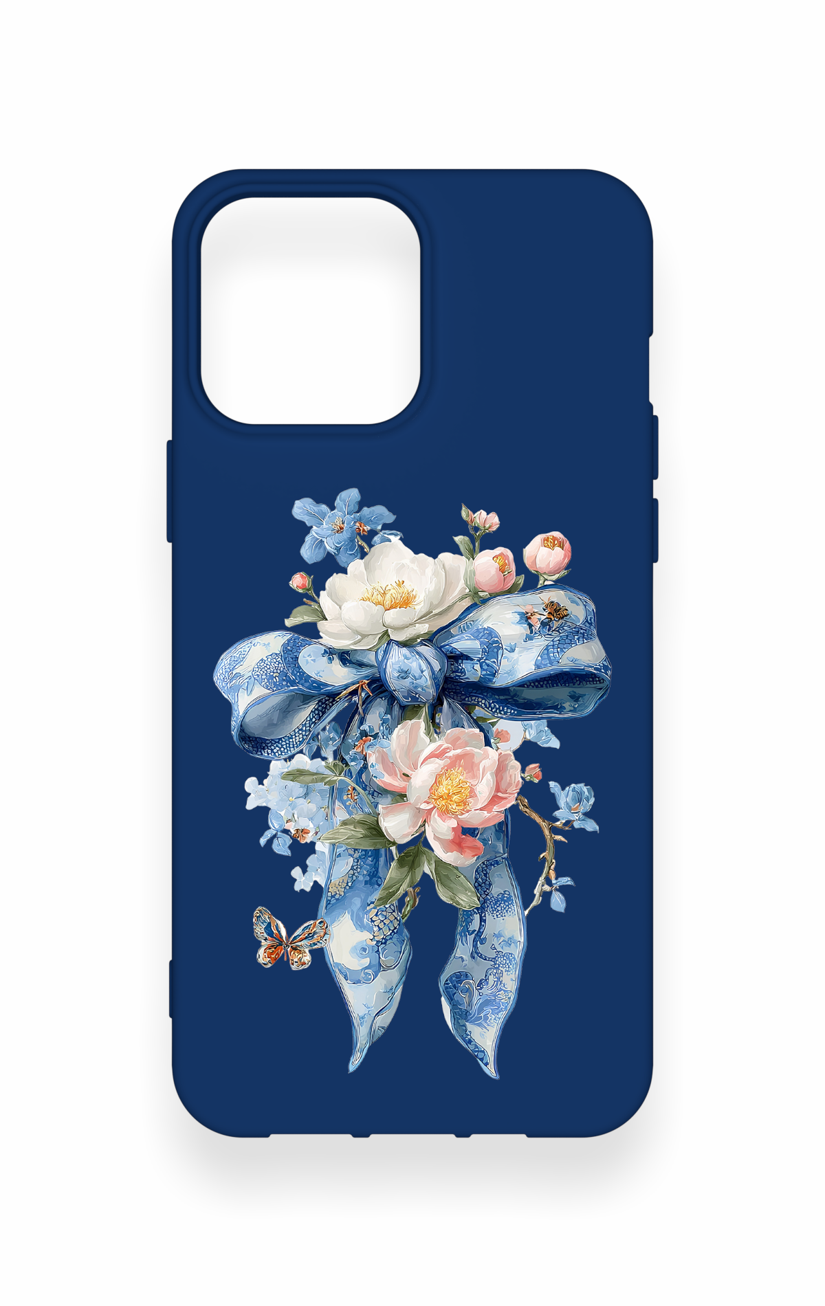 iPhone 13 Pro Max Uyumlu Mavi Kurdeleli Çiçek Desenli Silikon Kılıf