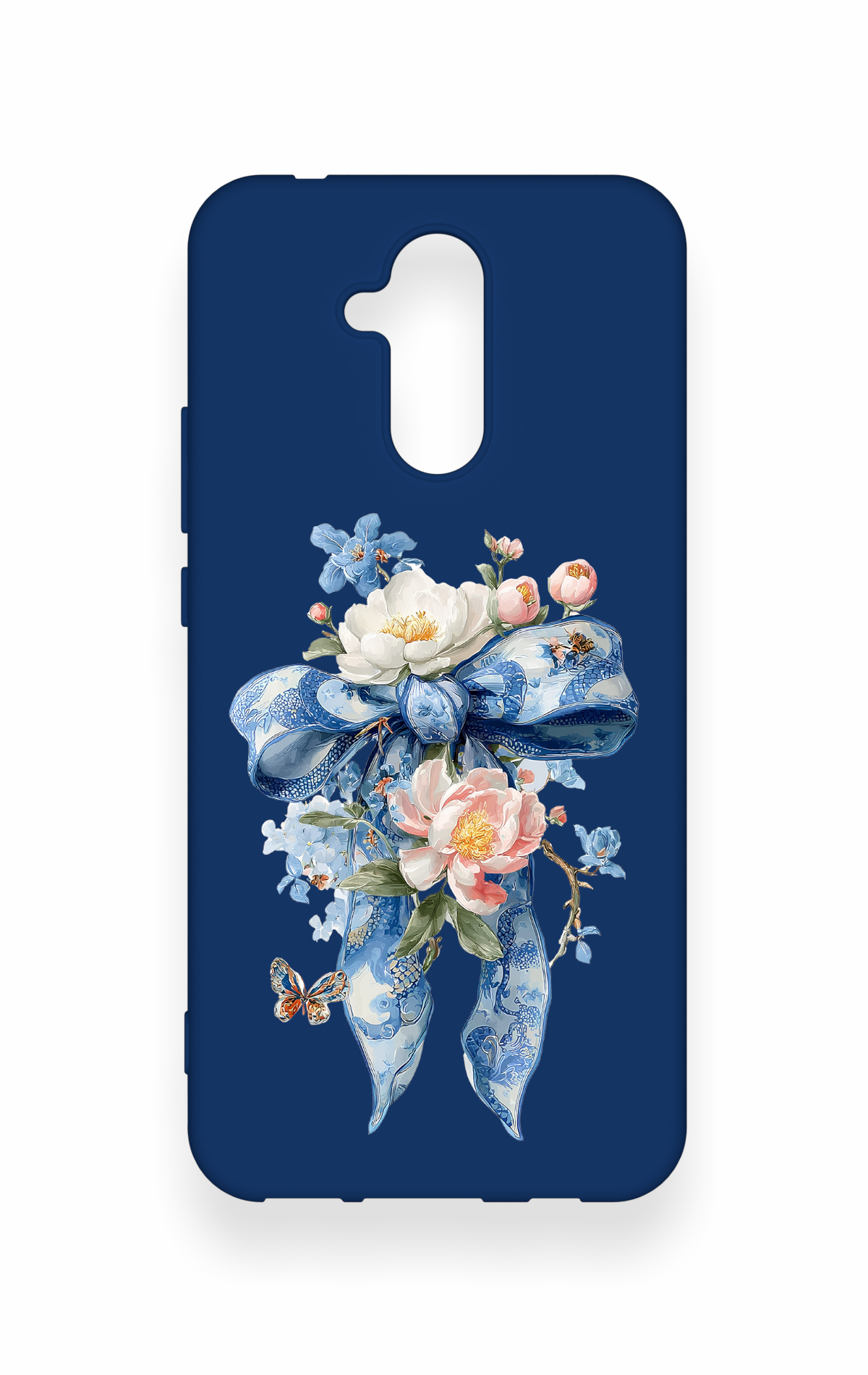 Huawei Mate 20 Lite Uyumlu Mavi Kurdeleli Çiçek Desenli Silikon Kılıf