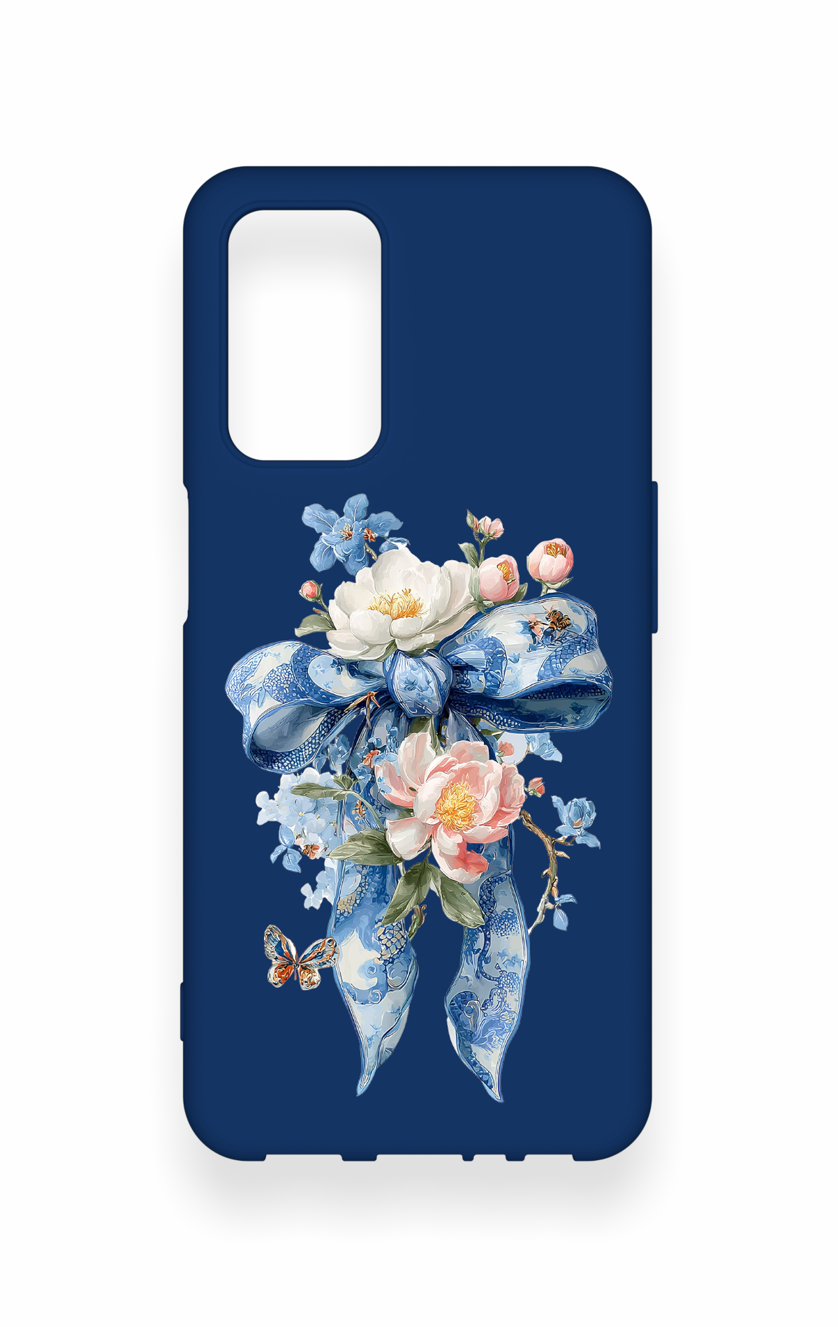 Oppo A55 Uyumlu Mavi Kurdeleli Çiçek Desenli Silikon Kılıf
