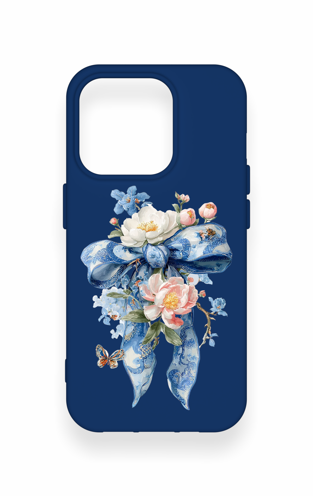 iPhone 15 Pro Uyumlu Mavi Kurdeleli Çiçek Desenli Silikon Kılıf