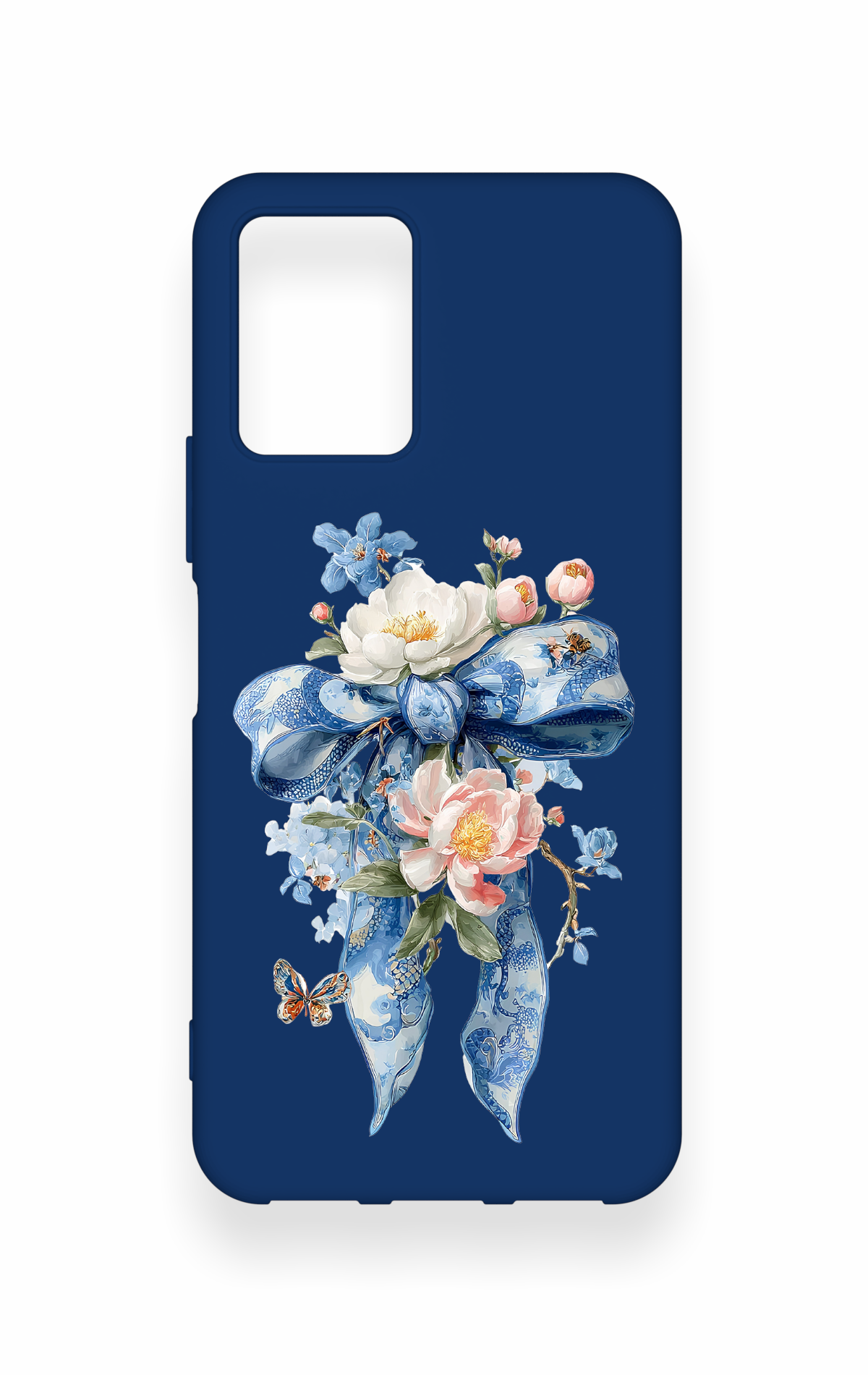 Vivo Y21S Uyumlu Mavi Kurdeleli Çiçek Desenli Silikon Kılıf