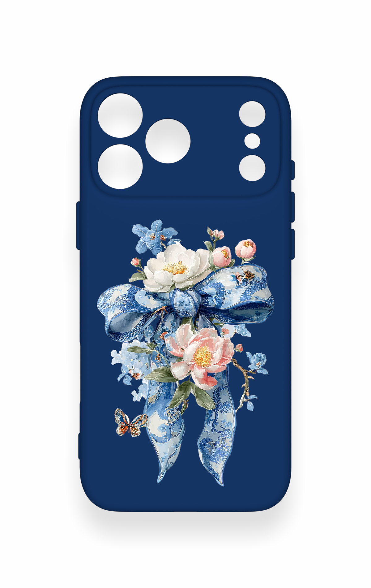 iPhone 17 Pro Max Uyumlu Mavi Kurdeleli Çiçek Desenli Silikon Kılıf