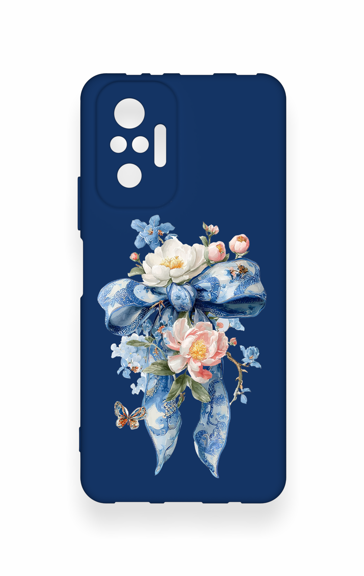Redmi Note 10 Pro Uyumlu Mavi Kurdeleli Çiçek Desenli Silikon Kılıf