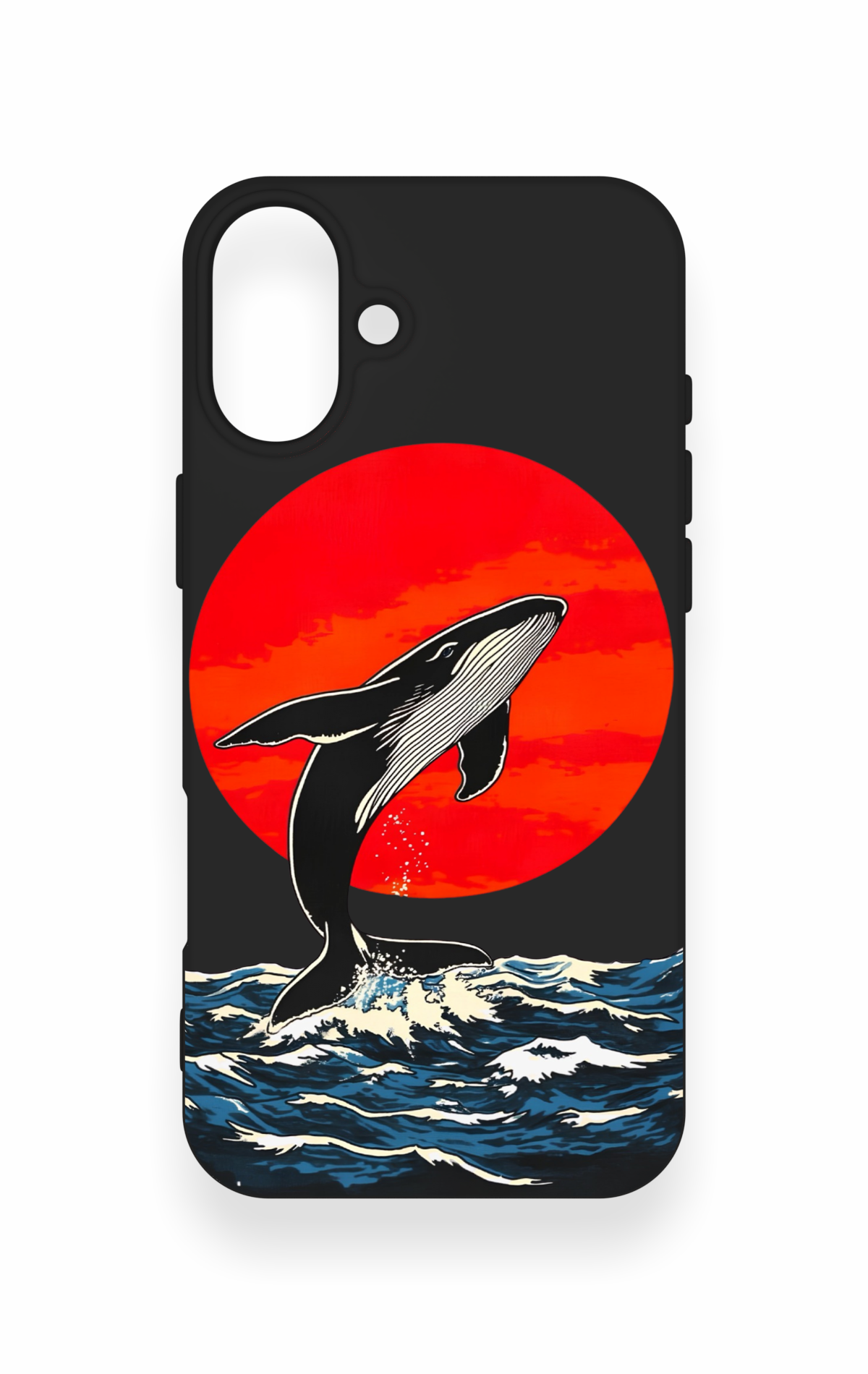 iPhone 16 Plus Uyumlu Kırmızı Güneş Balina Desenli Silikon Kılıf