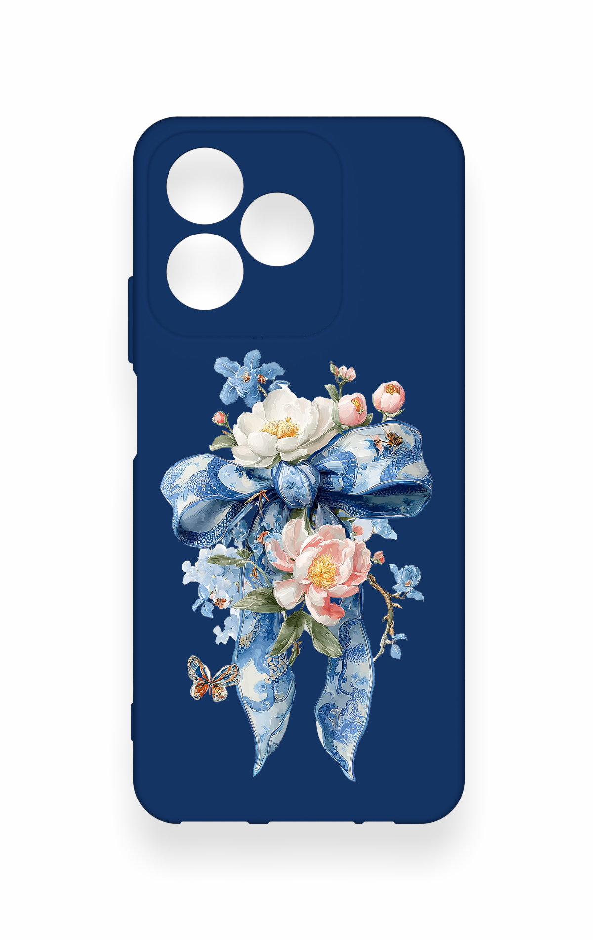 Realme C53 Uyumlu Mavi Kurdeleli Çiçek Desenli Silikon Kılıf