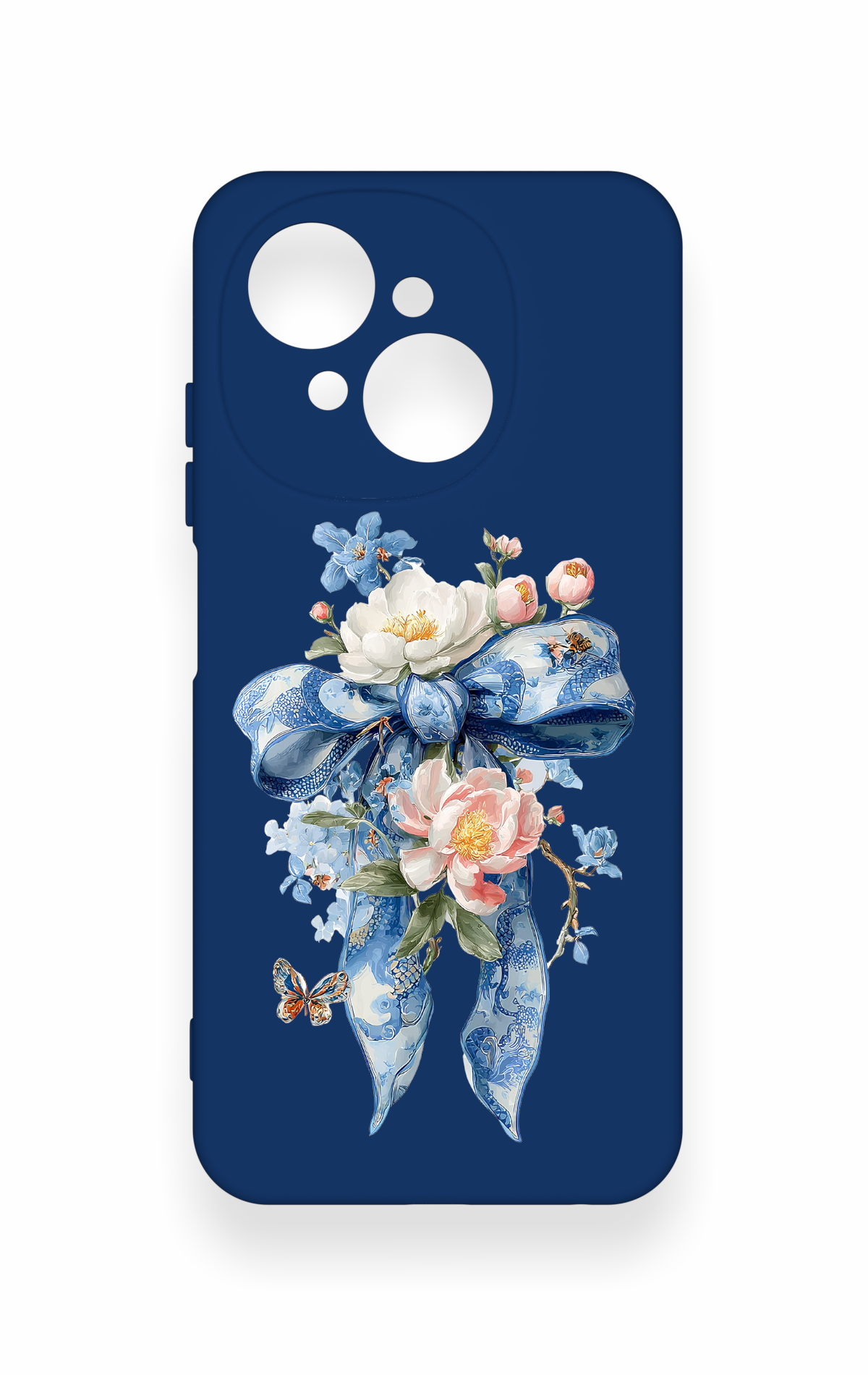 Tecno Spark Go1 Uyumlu Mavi Kurdeleli Çiçek Desenli Silikon Kılıf