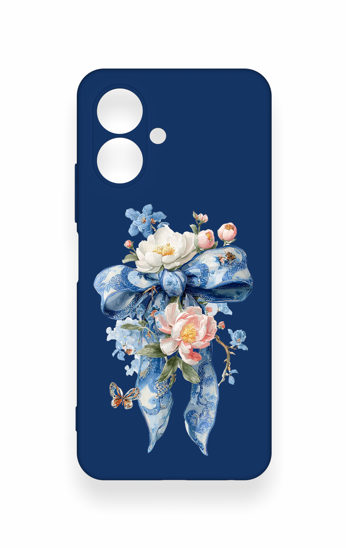 Tecno Spark Go 2 Uyumlu Mavi Kurdeleli Çiçek Desenli Silikon Kılıf