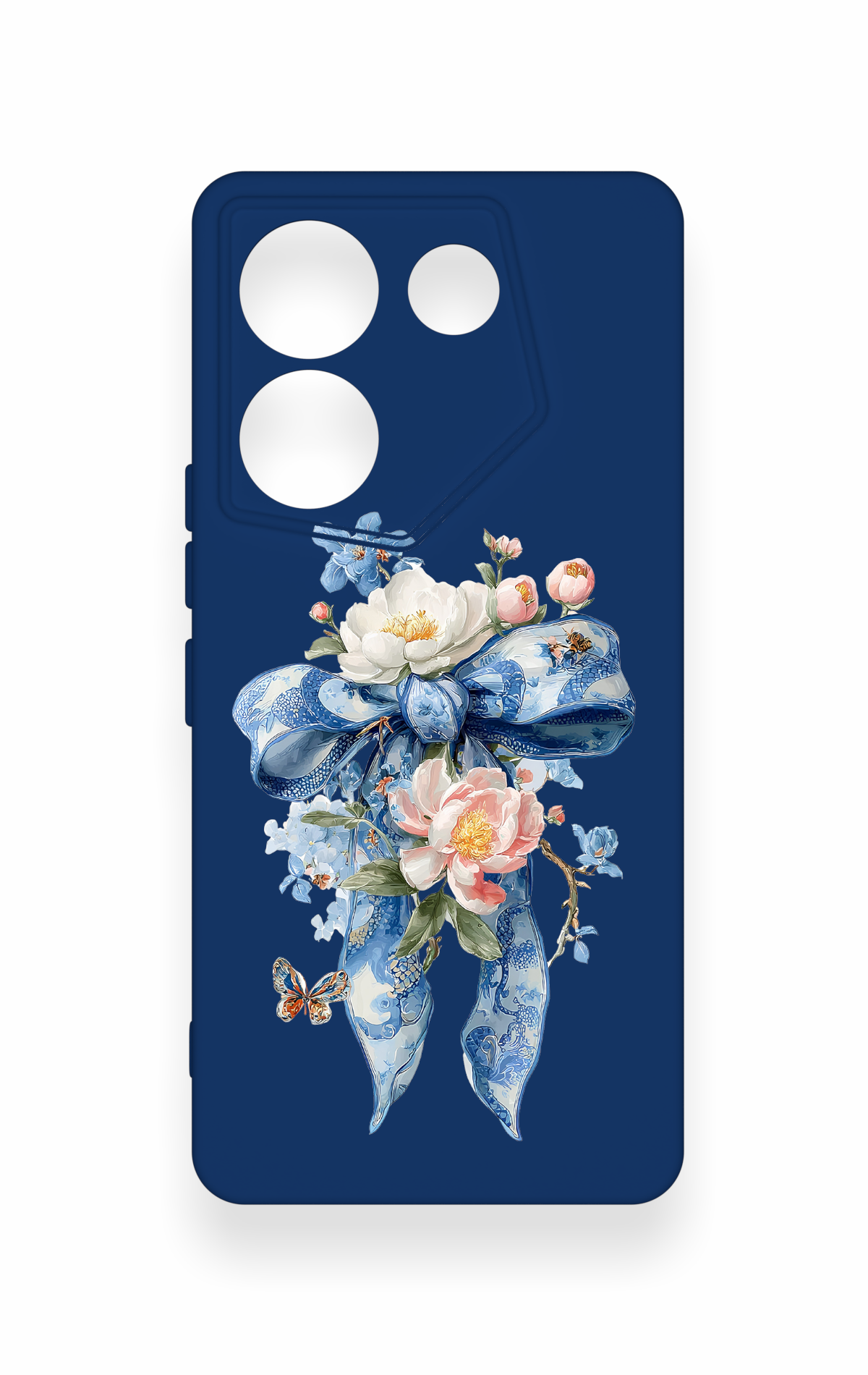 Tecno Caman 20 Pro 5G Uyumlu Mavi Kurdeleli Çiçek Desenli Silikon Kılıf