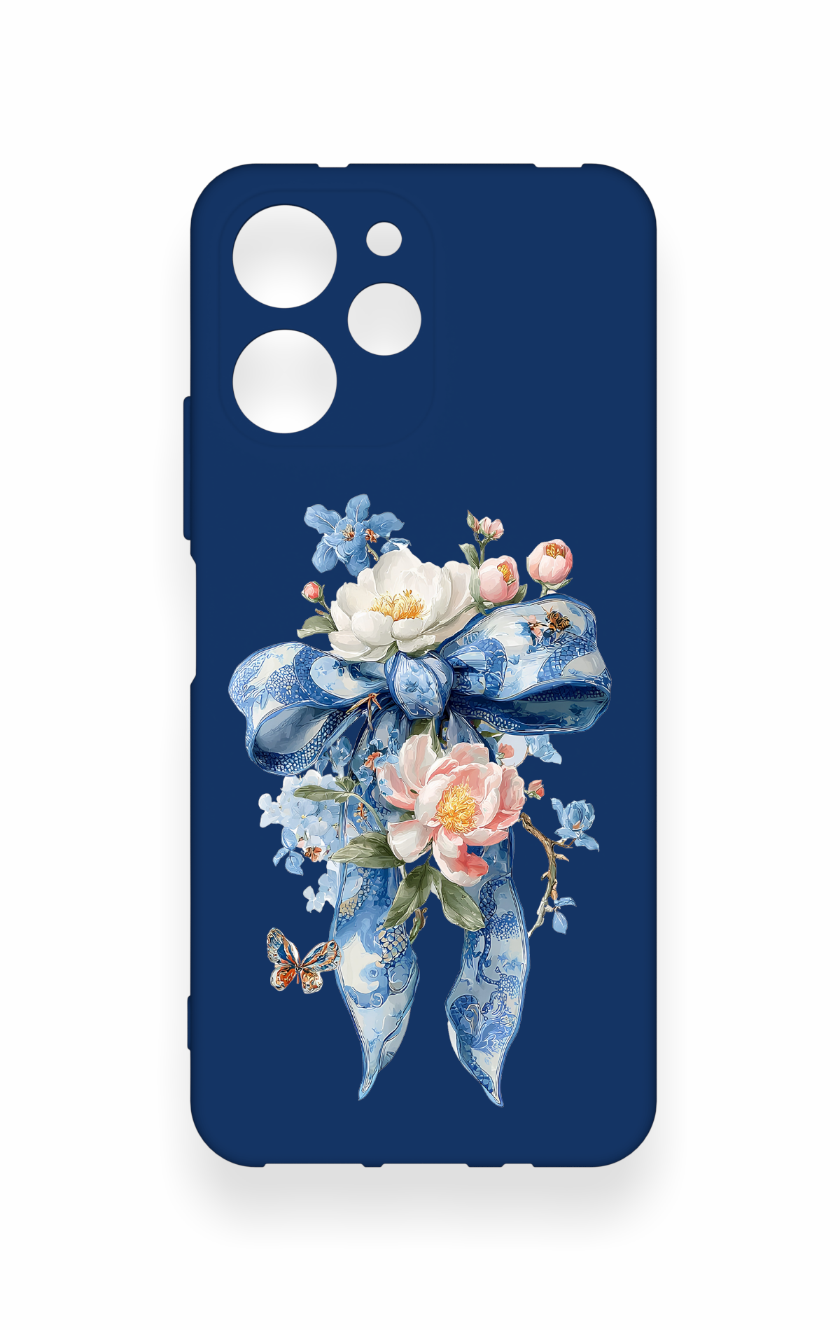 Redmi 12 Uyumlu Mavi Kurdeleli Çiçek Desenli Silikon Kılıf