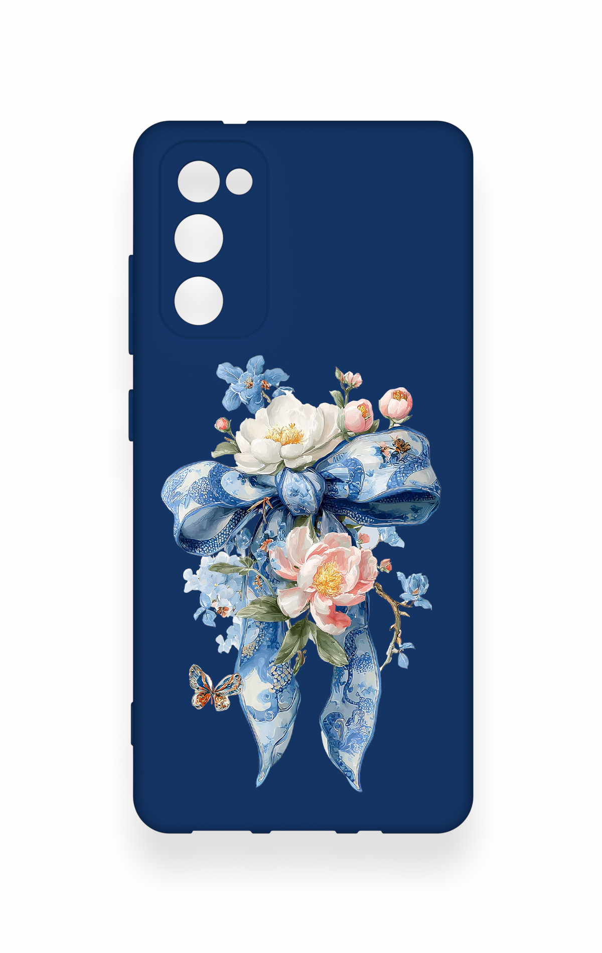 Samsung S20Fe Uyumlu Mavi Kurdeleli Çiçek Desenli Silikon Kılıf