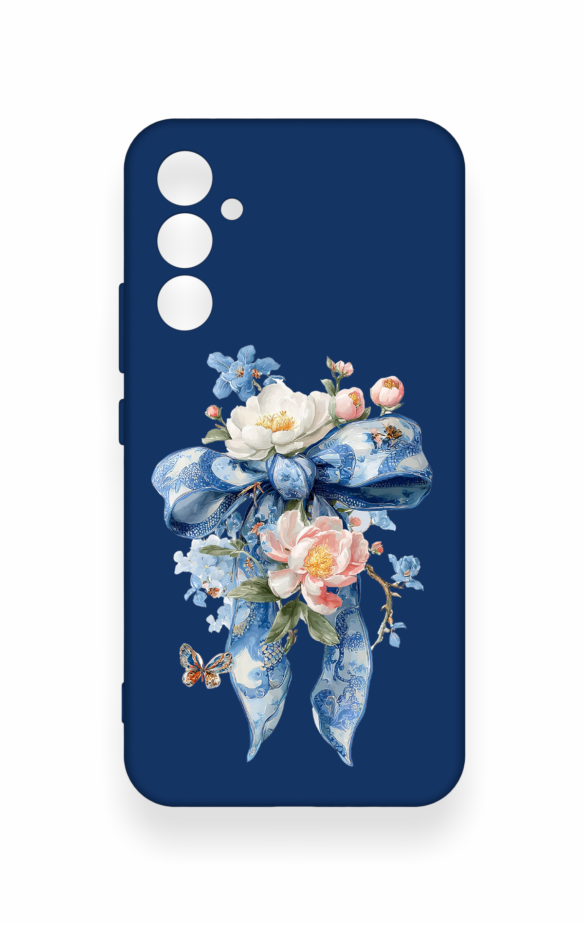 Samsung A34 Uyumlu Mavi Kurdeleli Çiçek Desenli Silikon Kılıf
