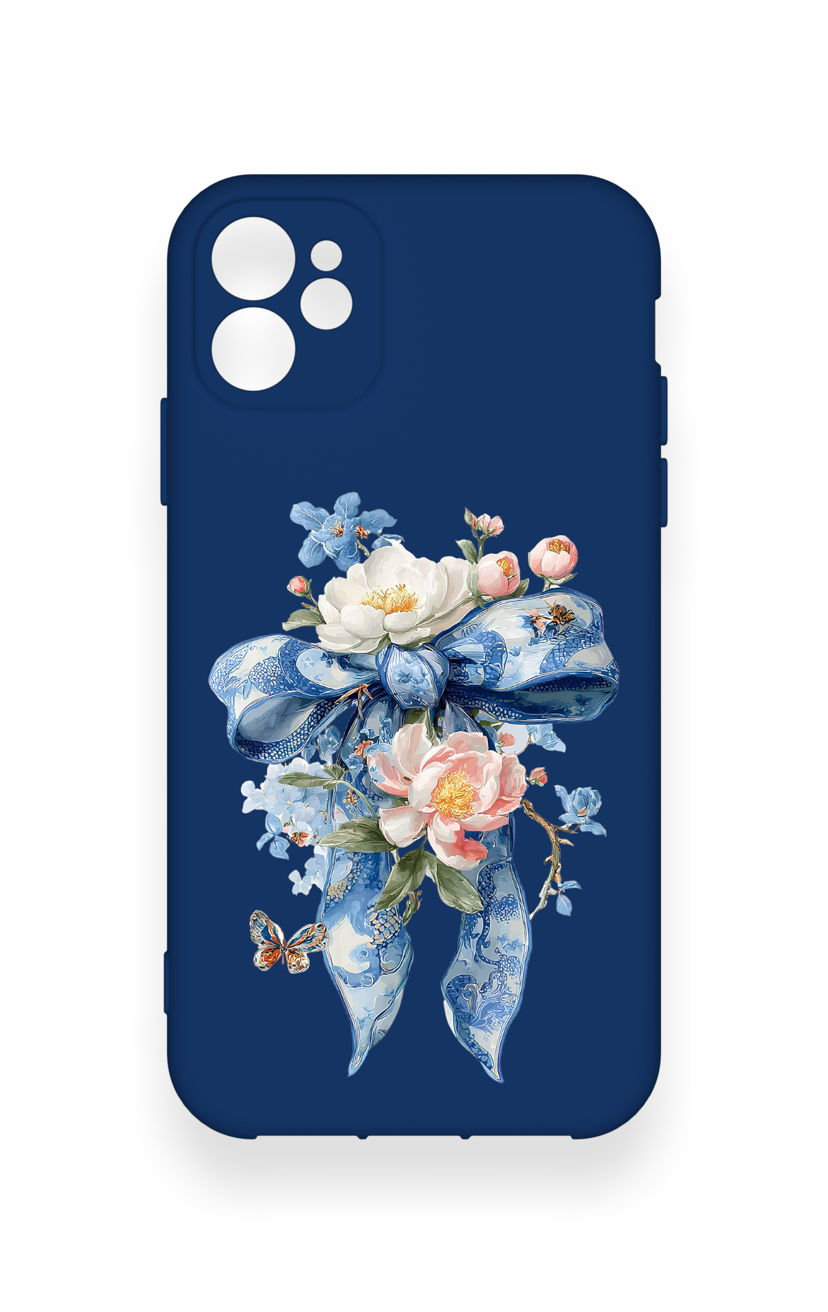 iPhone 11 Uyumlu Mavi Kurdeleli Çiçek Desenli Silikon Kılıf