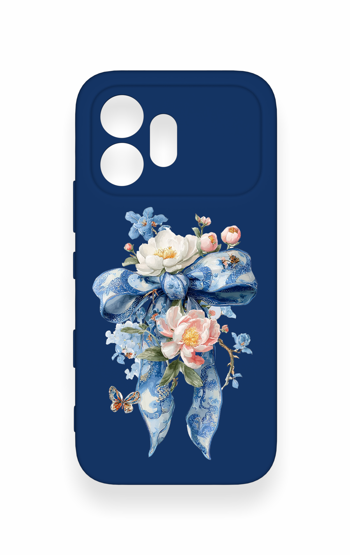 Honor 600 Uyumlu Mavi Kurdeleli Çiçek Desenli Silikon Kılıf