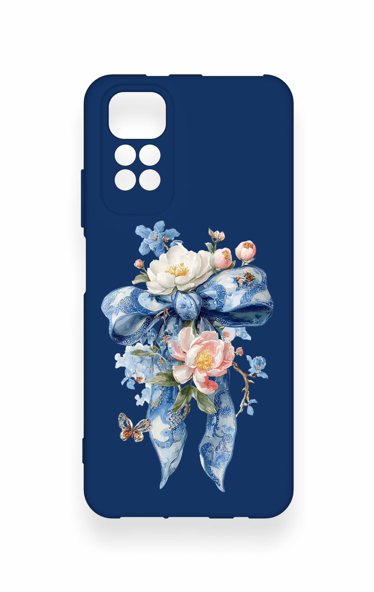 Redmi Note 11S Uyumlu Mavi Kurdeleli Çiçek Desenli Silikon Kılıf